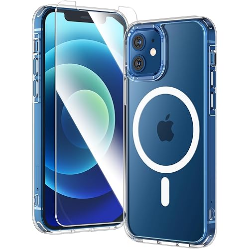 TAURI for iPhone 12 Case/iPhone 12 Pro Case, Compatible with Magsafe [Yellowing Resistant] with Screen Protector, Military-Grade Protection, Slim Magnetic Phone Case, Clear