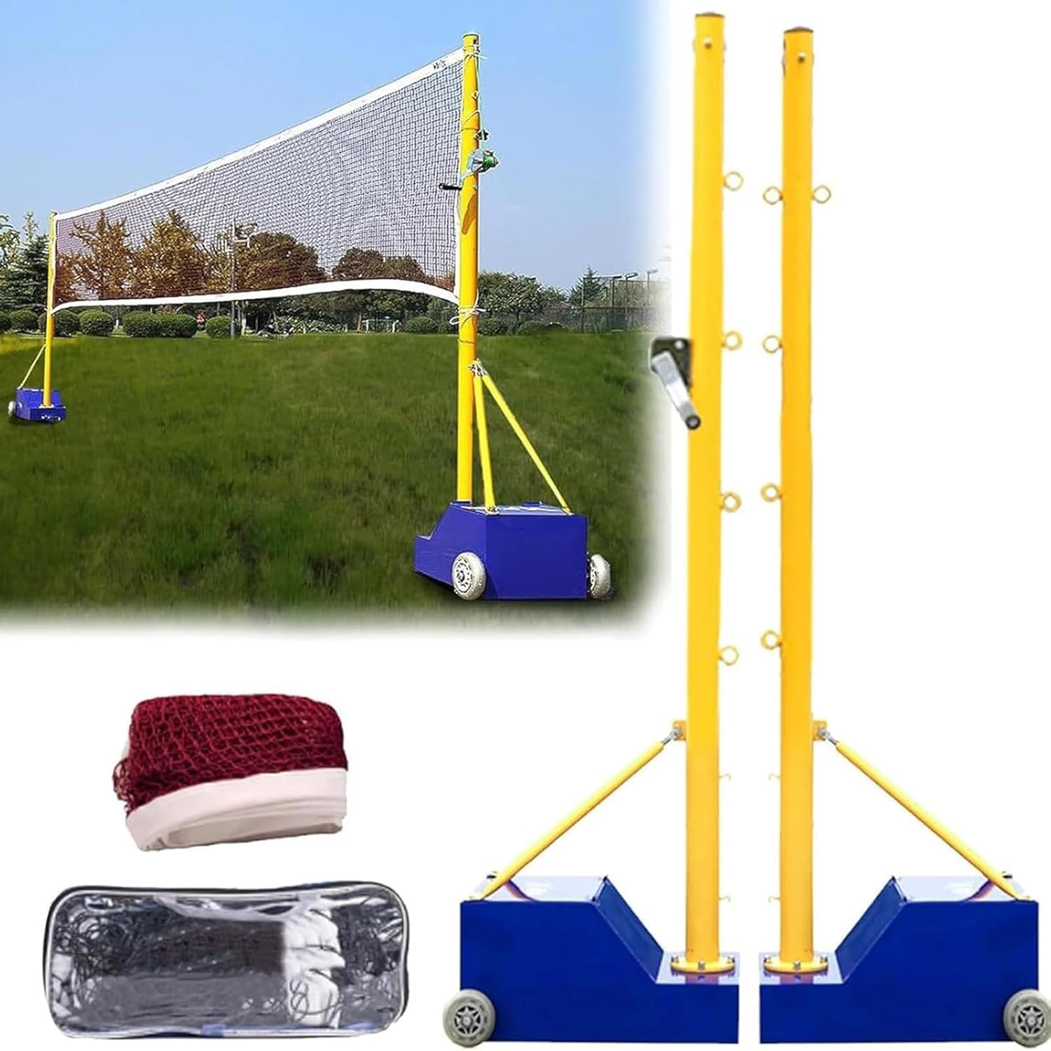 Pali per Rete Badminton e Pallavolo con Base Stabile | Set Pali da Giardino Regolabili 5-6.9 Piedi | Rete Unica per Badminton e Volley, palo da pallavolo Portatile Mobile per Giardino
