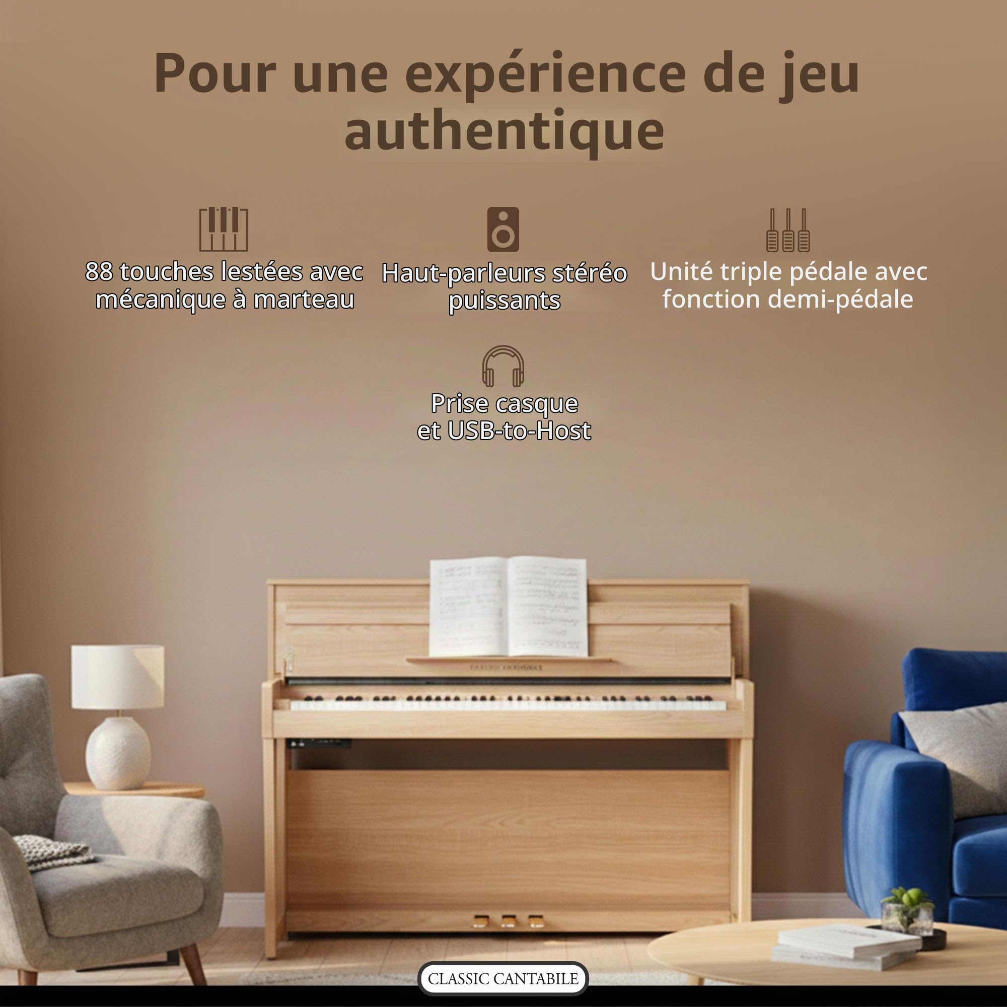 Classic Cantabile UP-1 LA Piano Droit Numérique - 88 Touches pondérées avec clavier à marteaux - Synthetiseur avec USB, MIDI-Interface 40 voix, 256 polyphonie, fonction d'enregistrement - Chêne Clair