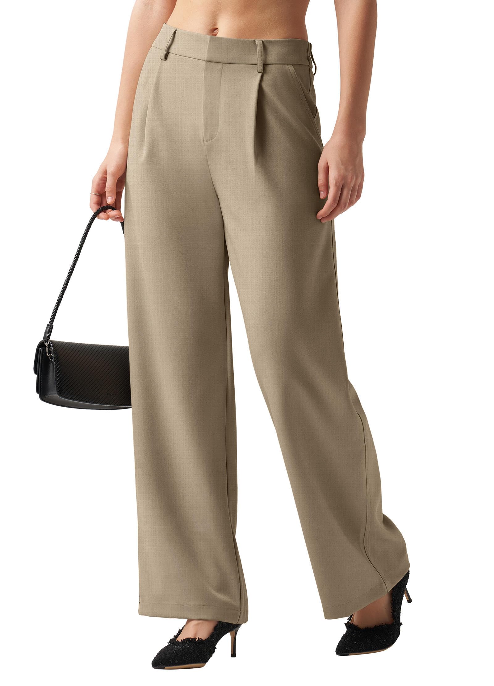 Womens Wide Leg Work Dress Pants High Waisted Casual Slacks Business Office Pants with Pockets 31 Tan 3XL