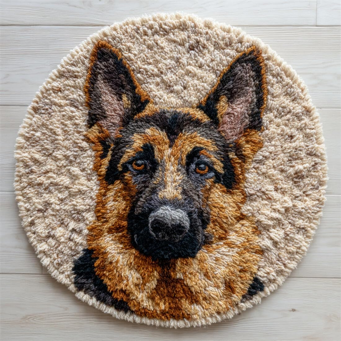 Rqwybcaxn DIY Latch Hook Rug Kit for Adults Animal Embroidery Kit German Shepherd Portrait 50x50cm Round Tapestry with Crochet Hook Living Room Craft Gift