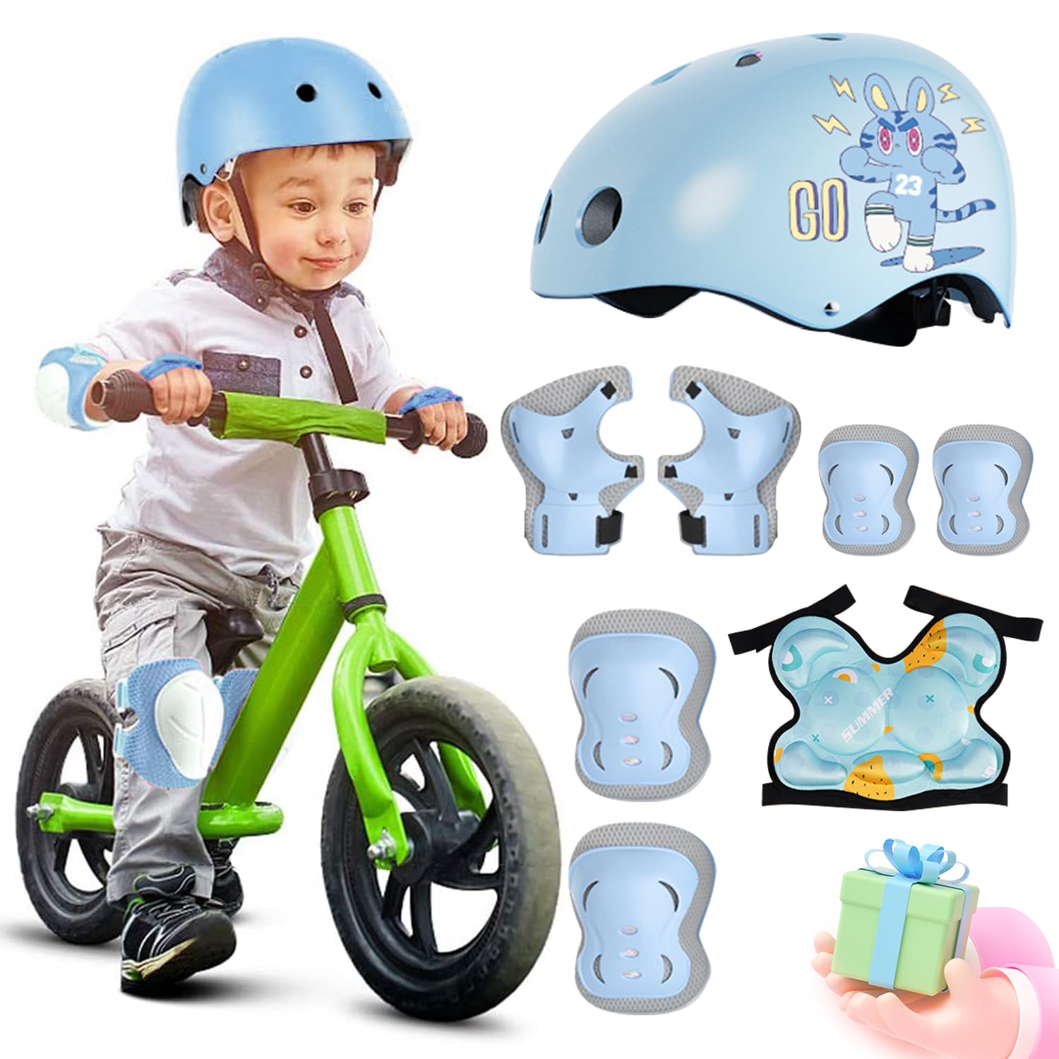 LIODUX 8 Pcs Kids Bike Helmet Set Skateboard Knee Pads - Kids Helmet Elbow Pads Wrist Guards Adjustable for Girl Boy Kids Protective Gear Set for Sport Cycling Bike Roller Skating Scooter