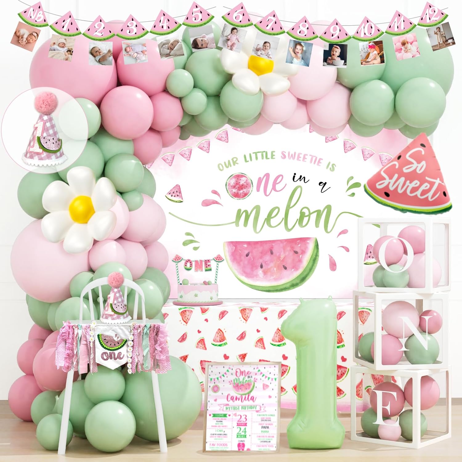 One In A Melon Party Decorations – 112 Pcs Watermelon Themed 1st Party Supplies With Backdrop, Balloon Garland, Watermelon Foil Balloon, Banner, Cake Topper, Poster, Boxes