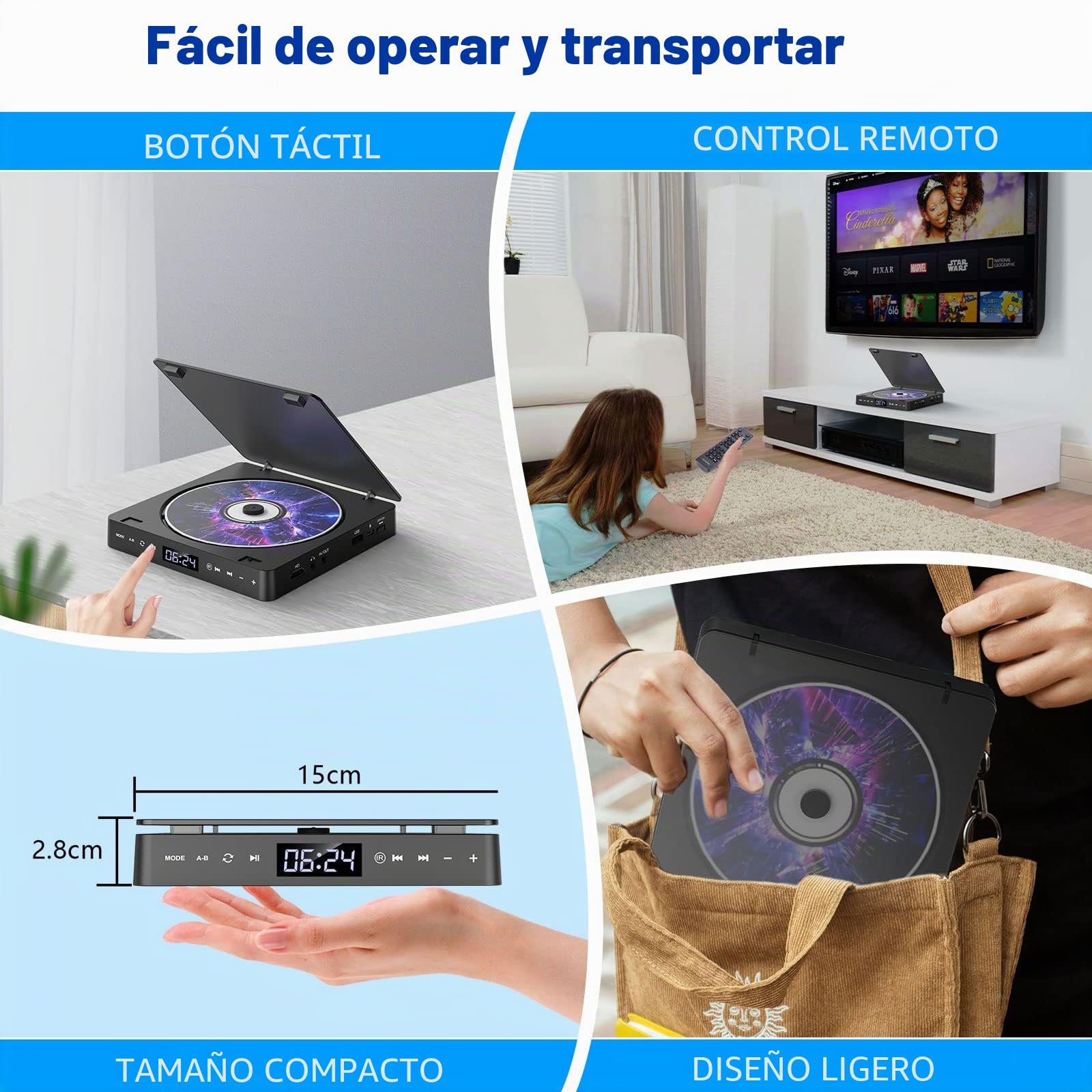 Gueray Reproductor de DVD de Televisión Mini Reproductor de CD de DVD Portátil Gratuito en Todas Las áreas, con Puerto Aux HD 1080p HDMI/AV USB / 3.5mm, Incluido Control Remoto (dvd-708)