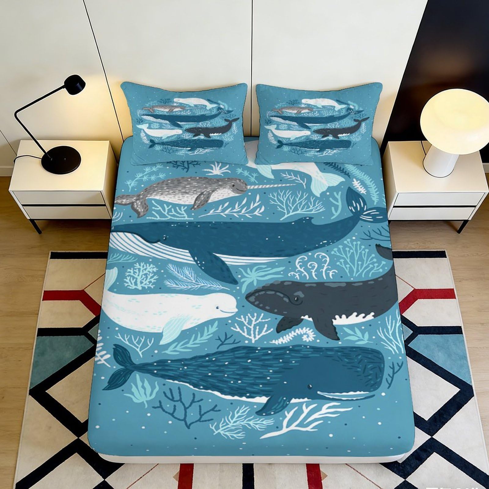 3D Printed Whale Ocean Fitted Sheet Microfiber Blue Sea Life Mattress Cover for Bedroom Dorm Mattress Decor 90x200x25cm