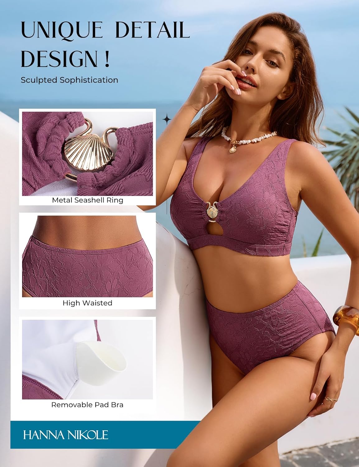 Hanna Nikole Women High Waisted Bikini Sets, 2 Piece Swimsuits Tummy Control, Textured Bathing Suit, Metal Cutout Swimwear