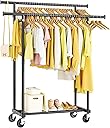 Double Rods Clothes Rack, Rolling Clothing Rack for Hanging Clothes Portable Wardrobe Rack, Metal Garment Rack Sturdy Coat Rack for Bedroom Laundry Living Room, Black