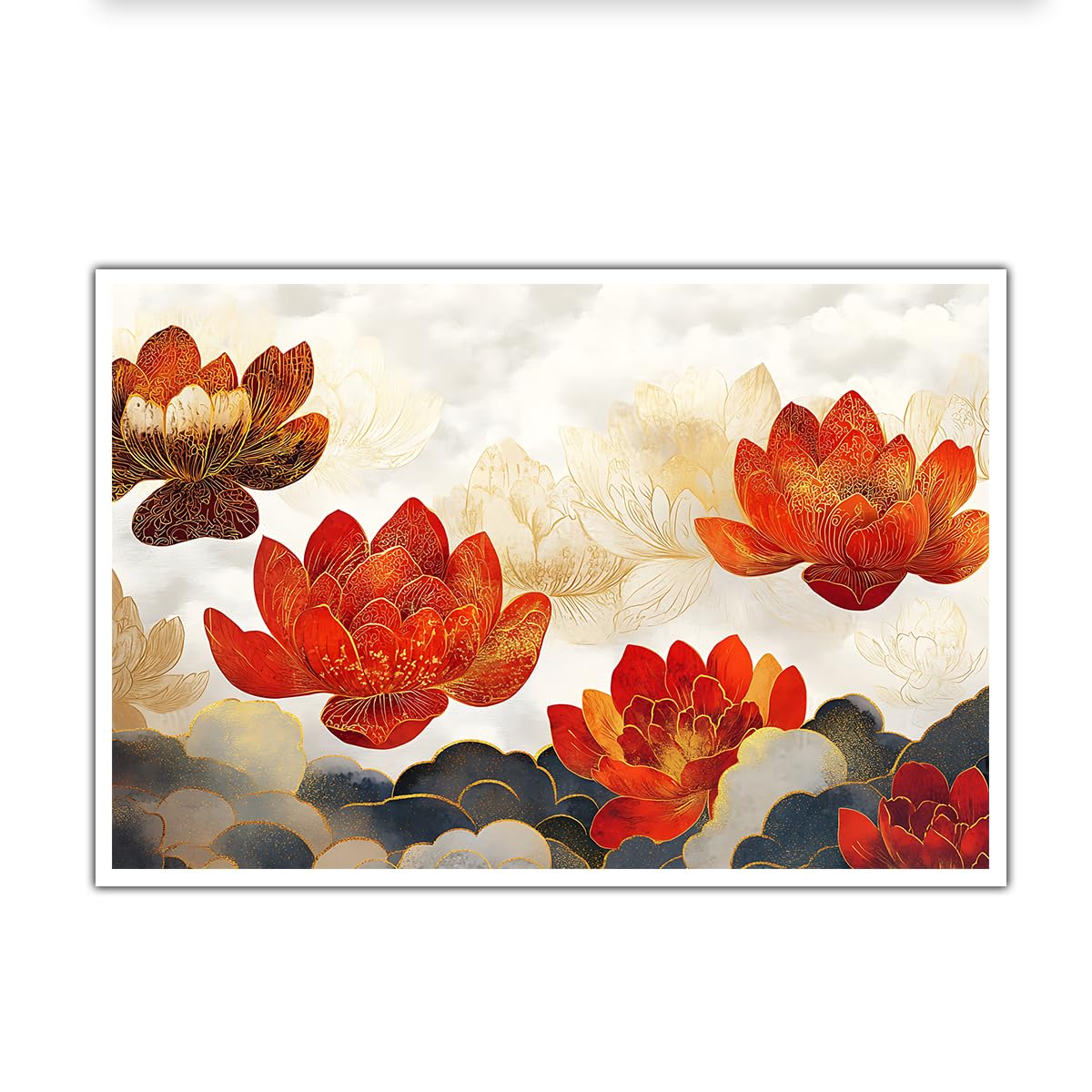 SHENGPOSTER Oriental Red Lotus Canvas Print Wall Art Traditional Zen Style Gold Line Water Lily Picture Wall Poster Unframed Canvas Print Wall Decor 70x105cm