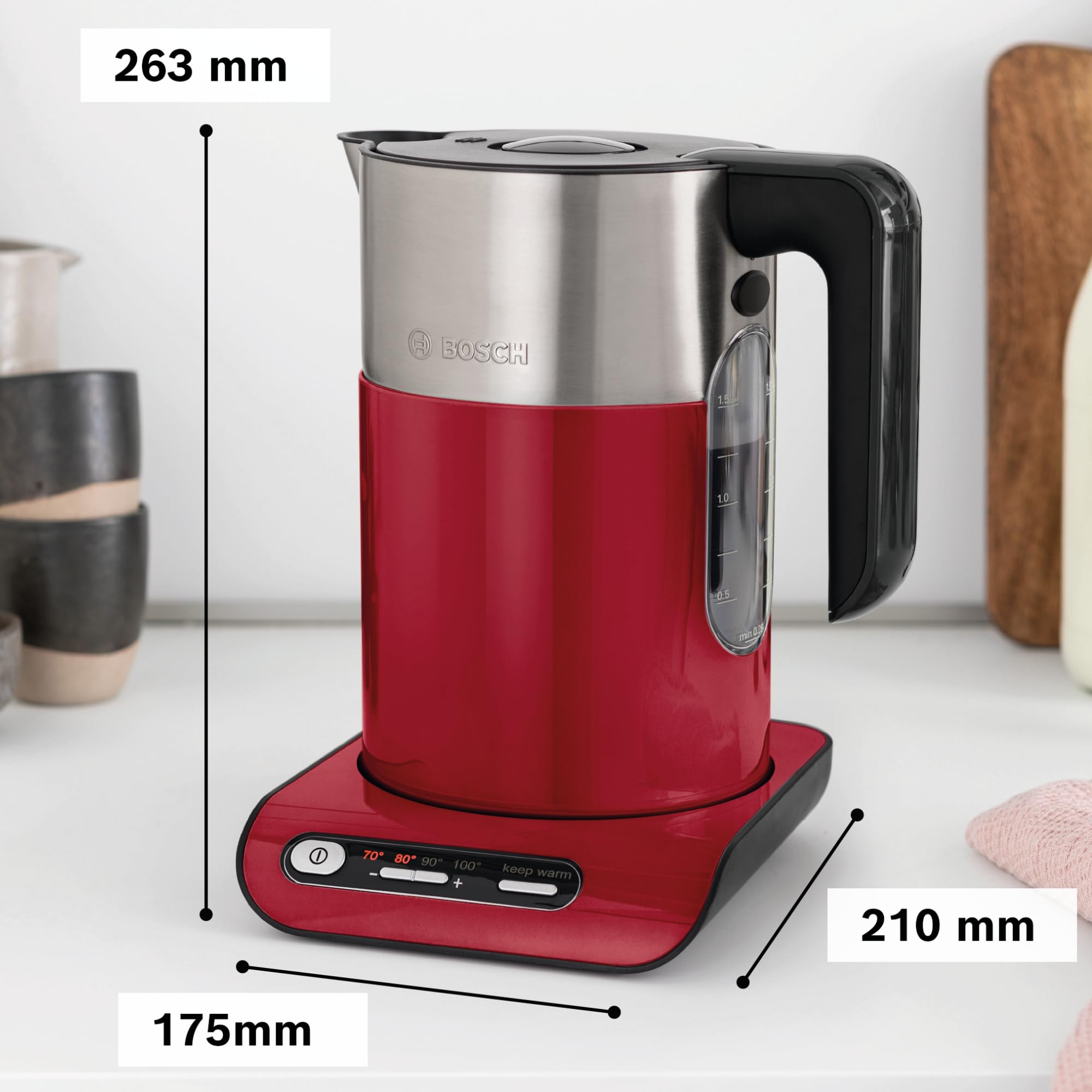 Bosch Wasserkocher Styline TWK8614P, Abschaltautomatik, Überhitzungsschutz, Temperaturwahl, Warmhaltefunktion, 1,5 L, 2400 W, rot