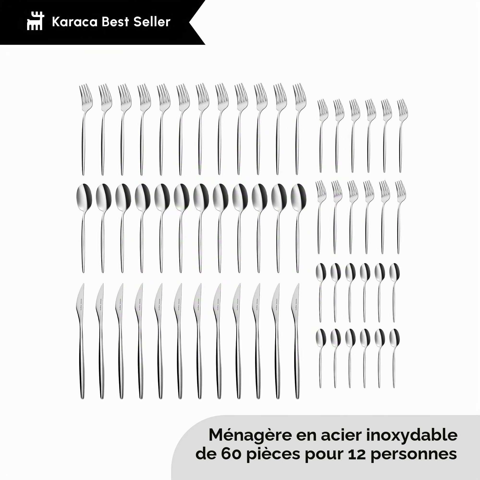 Karaca Lizbon Ménagère 60 pièces, Pour 12 personnes, set de couverts en acier inoxydable 18/10, passe au lave-vaisselle, parfait pour un usage quotidien, qualité premium
