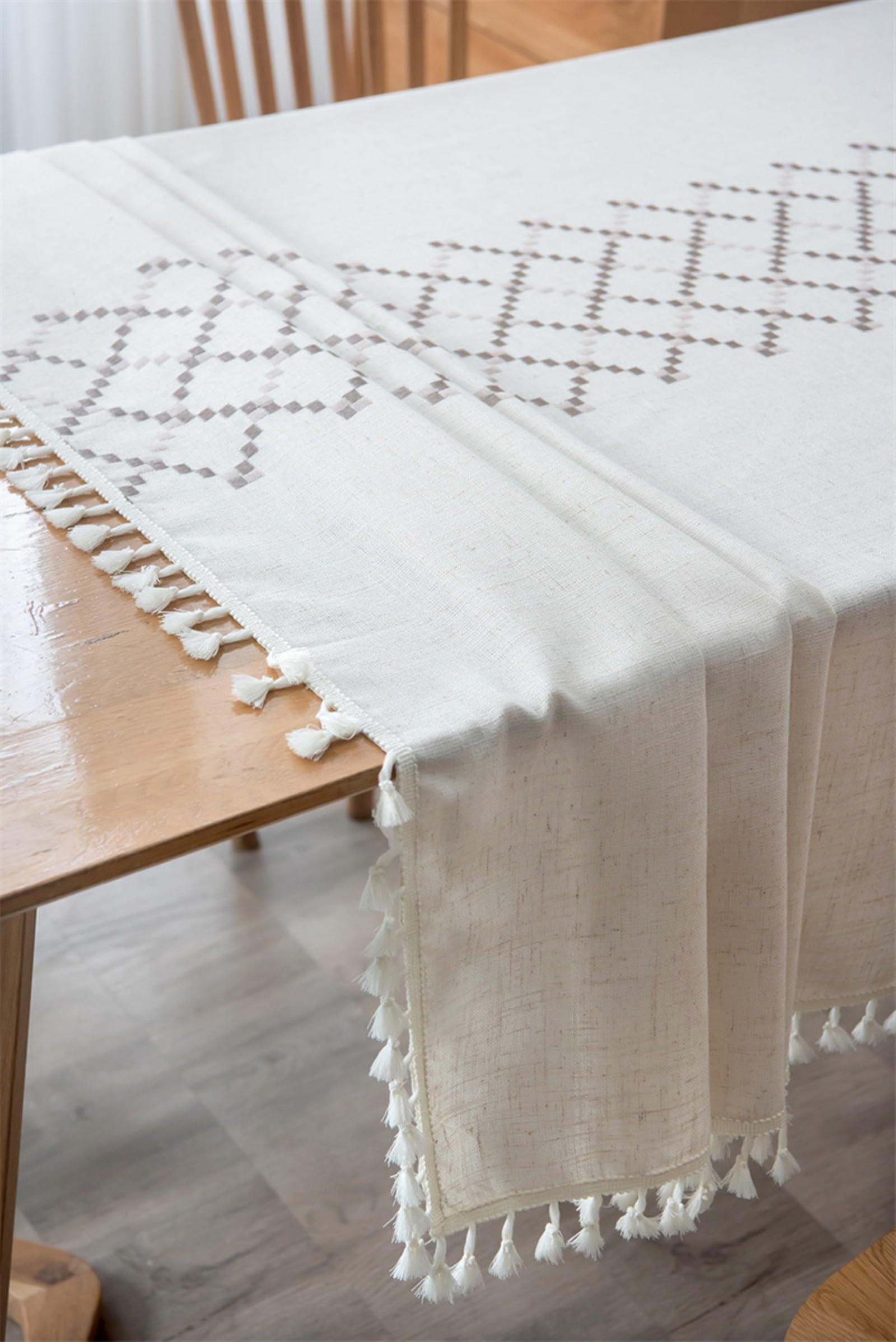 KnSam Mantel de 140 x 200 cm, rombo con borla, mantel de poliéster para exteriores, resistente a la intemperie, repele la suciedad, para salón, comedor, balcón, jardín, café beige