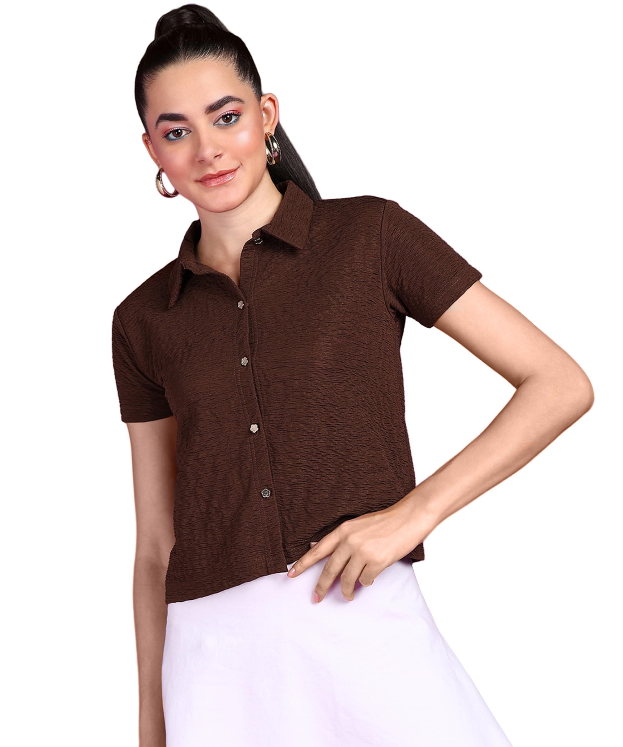Women Casual Beige Rimjhim Solid Shirt | Half Short Sleeve Shirt | Collar Button Shirt | Simple Solid Shirt-image-3