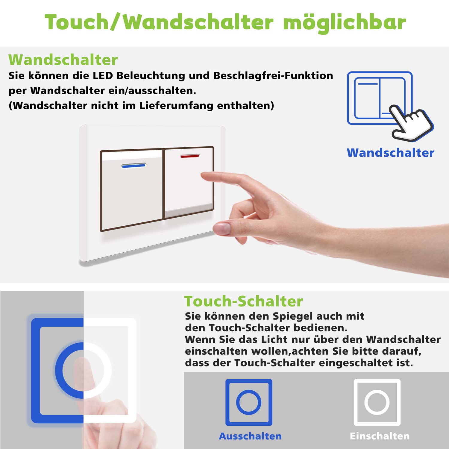 Aica Sanitär Badspiegel mit Beleuchtung 60×40cm Touch Wandschalter Kaltweiß dimmbar Memory-Funktion Badezimmerspiegel Spiegel Energiesparend Lichtspiegel IP44