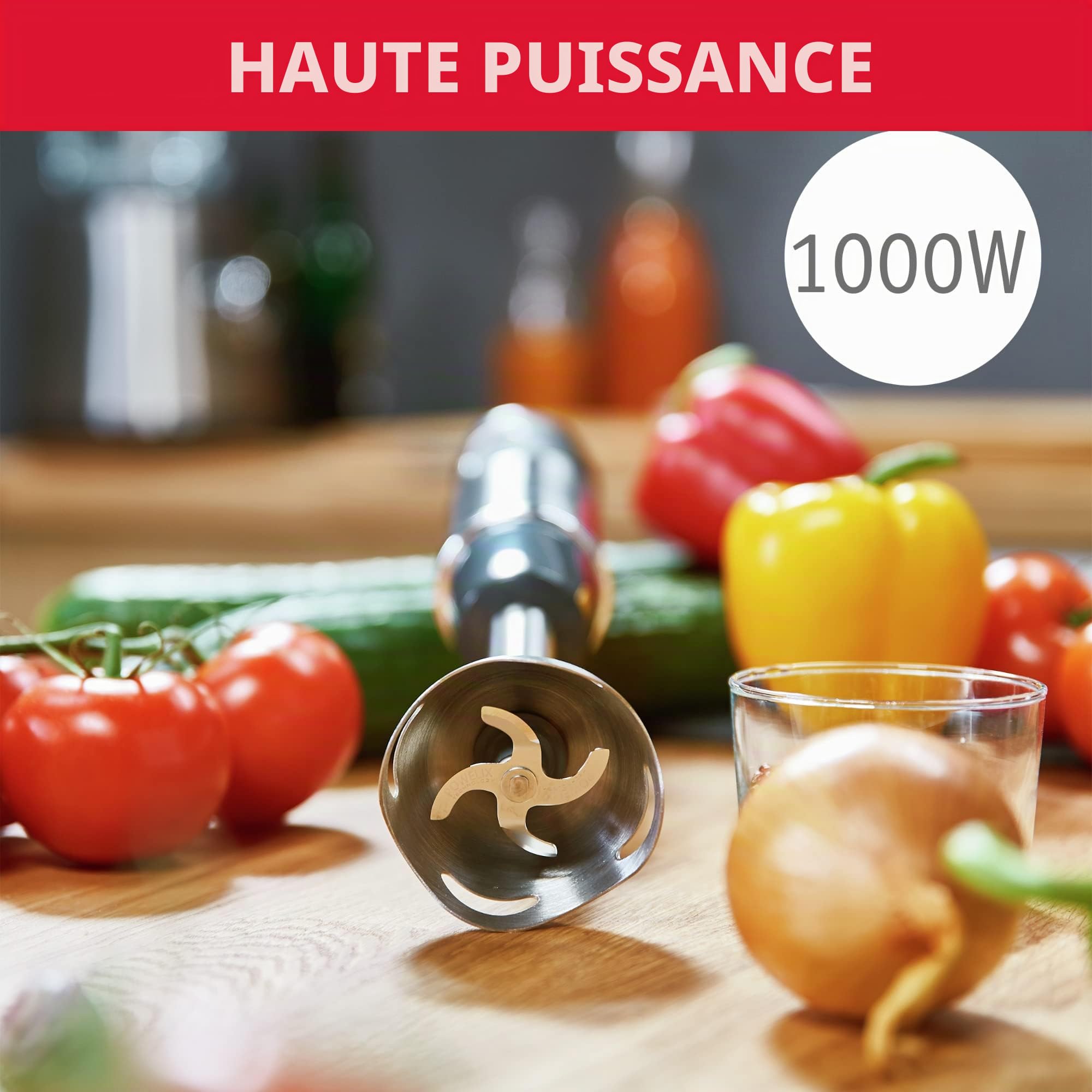 Moulinex QuickChef DD6578 Mélangeur manuel 1000 W avec régulateur de vitesse turbo avec 2 accessoires de découpe, hachoir et tasse à mesurer, dôme anti-éclaboussures, acier