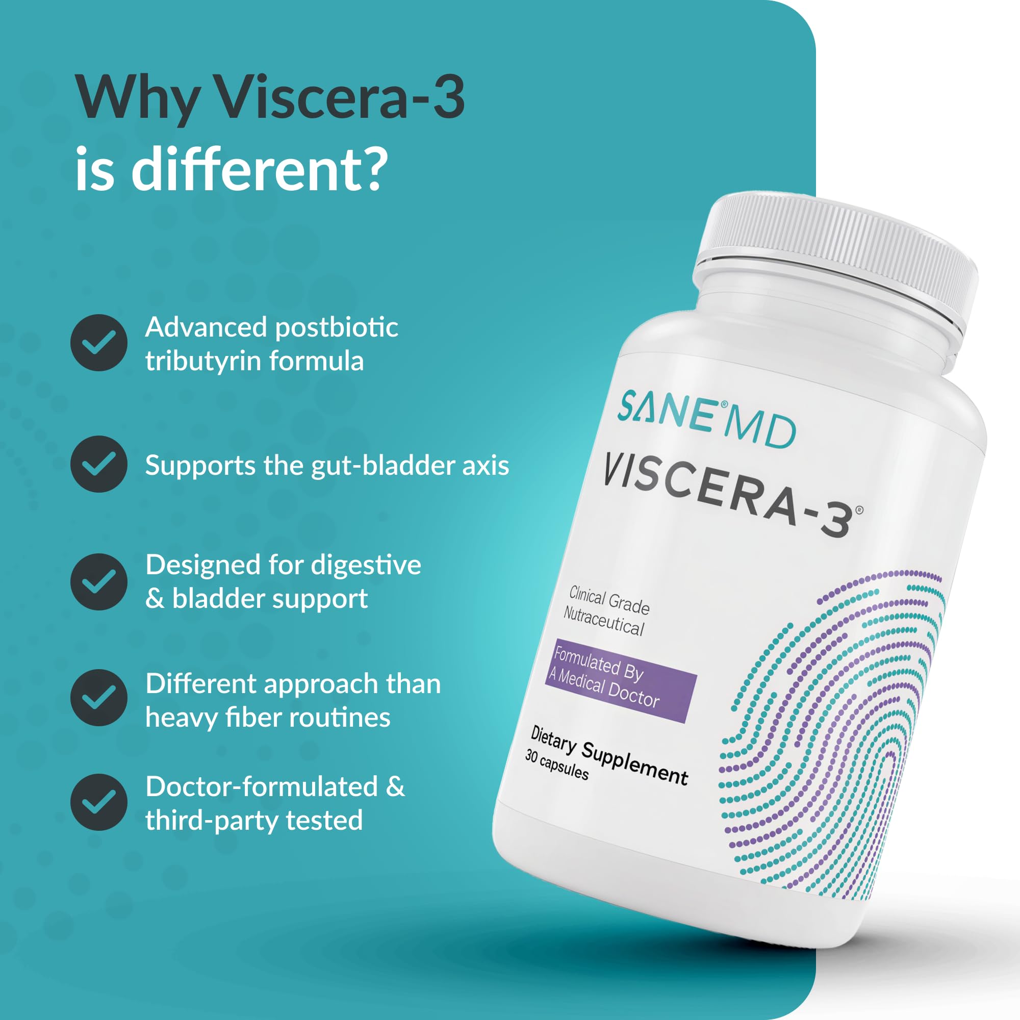 SANE MD Viscera-3 Gut Health Supplement, CoreBiome Formula, 30 Capsules — Amazon image 3