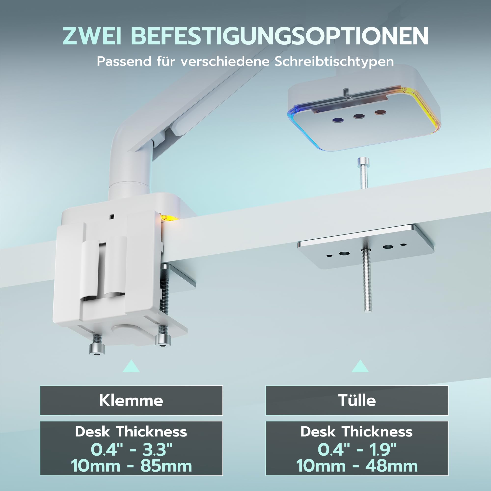 ARES WING RGB Gaming Monitor Halterung für 17-49" Monitore,Weiß | Monitor Arm für schwere 20 kg Flach & Curved Monitore, höhenverstellbarer Monitorarm, für Gamer Designed