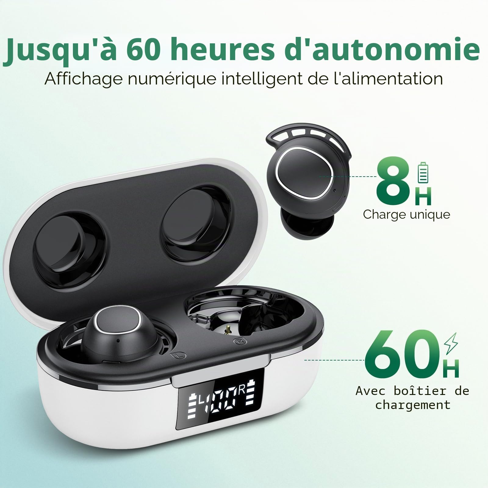 Ecouteurs Bluetooth sans Fil, Écouteurs Bluetooth 5.3, 60 Heures Contrôle Tactile, Basses Profondes, Ajustement Confortable, IPX8 Étanche Casque, USB-C