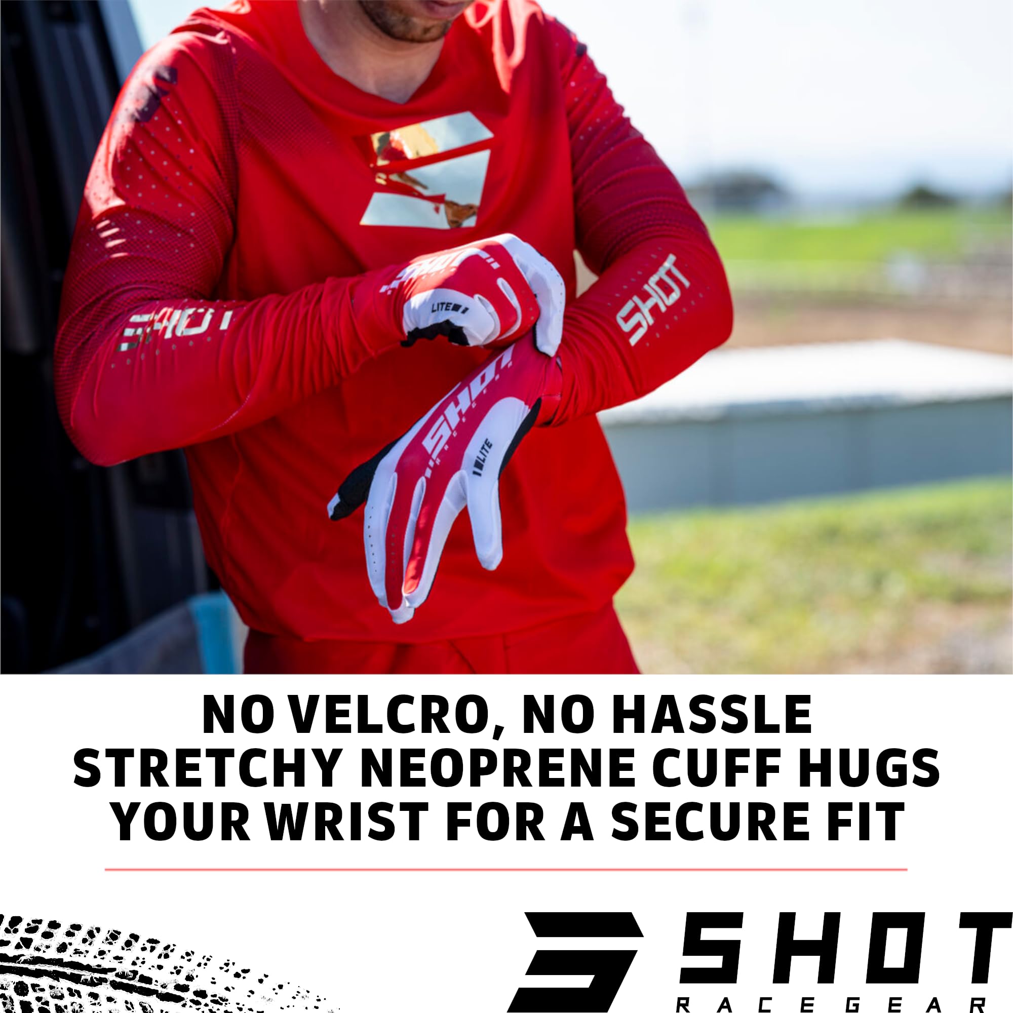 Shot Race Gear Guanti da motocross da uomo, per enduro e downhill MX/MTB, ideali per cross e bici, in materiale traspirante, polsino elastico in neoprene senza
