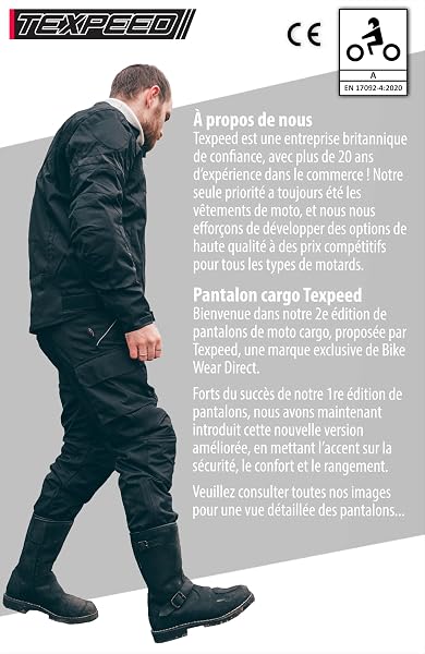 Texpeed Pantalon de Moto homme renforcé - Hiver/été Cordura Imperméable - Toutes Tailles - Avec armure CE Protection (EN 1621-1) - Noir - 4