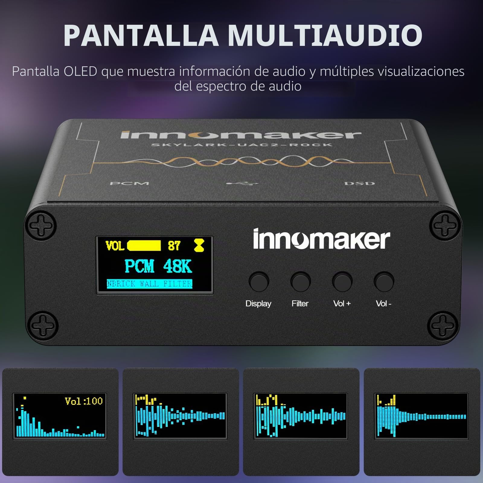 DAC USB HiFi/Amplificador de auriculares Salidas 3,5 mm/XLR ES9038Q2M PCM 32Bits/768kHz o DSD256 Pantalla FFT del espectro de audio Tarjeta de sonido para PC/ordenadores portátiles/SBC (no compatible