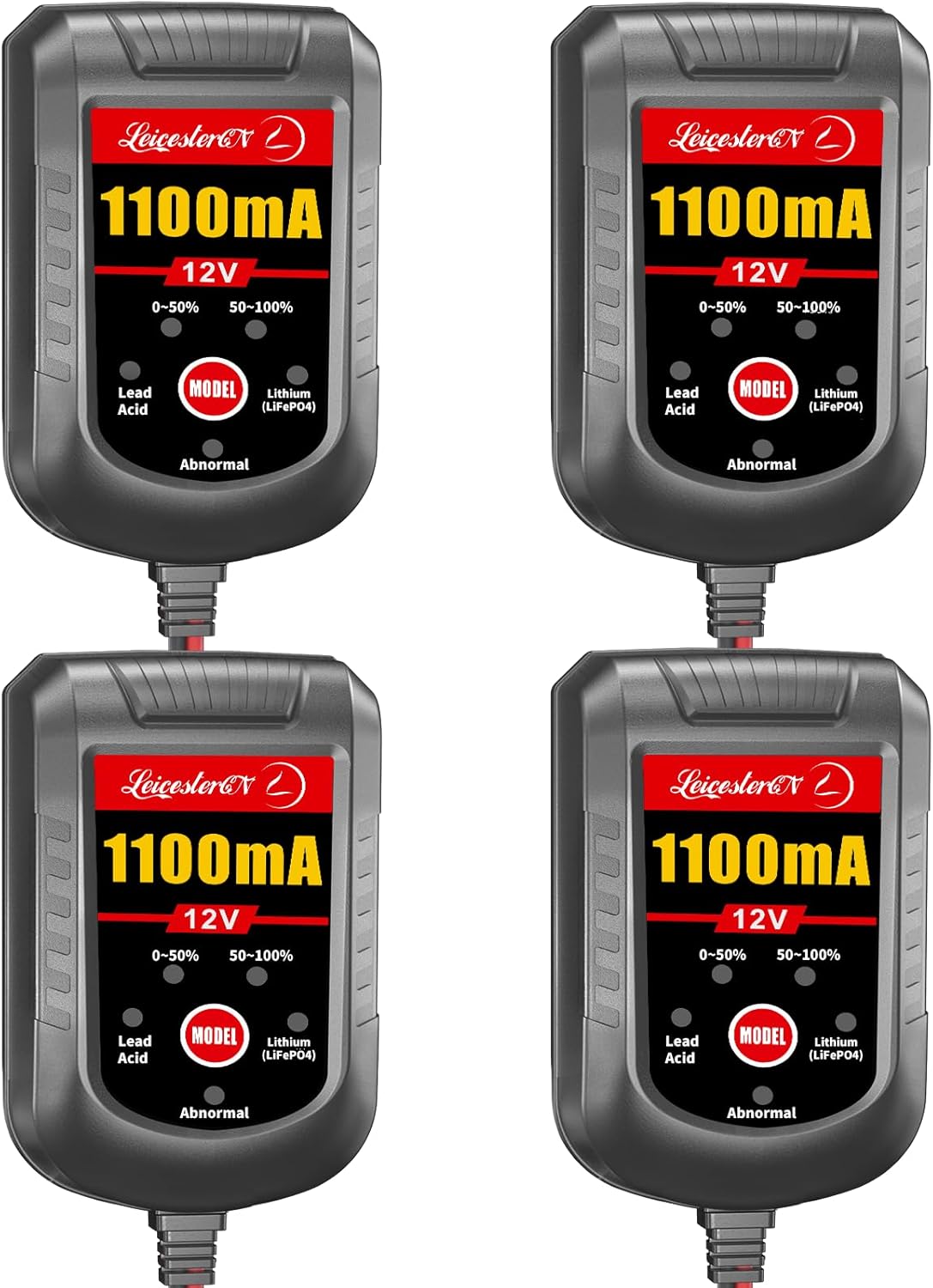4 Pack Motorcycle Battery Charger 12V 1.1Amp, Smart Trickle Charger and Maintainer - Automatic Float Charger for Cruiser Sport Bike ATV Scooter Dirt Bike Lawn Mower, LiFePO4 Lead Acid AGM Gel