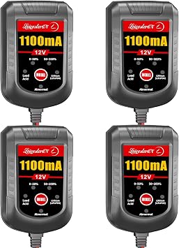 4 Pack Motorcycle Battery Charger 12V 1.1Amp, Smart Trickle Charger and Maintainer - Automatic Float Charger for Cruiser Sport Bike ATV Scooter Dirt Bike Lawn Mower, LiFePO4 Lead Acid AGM Gel