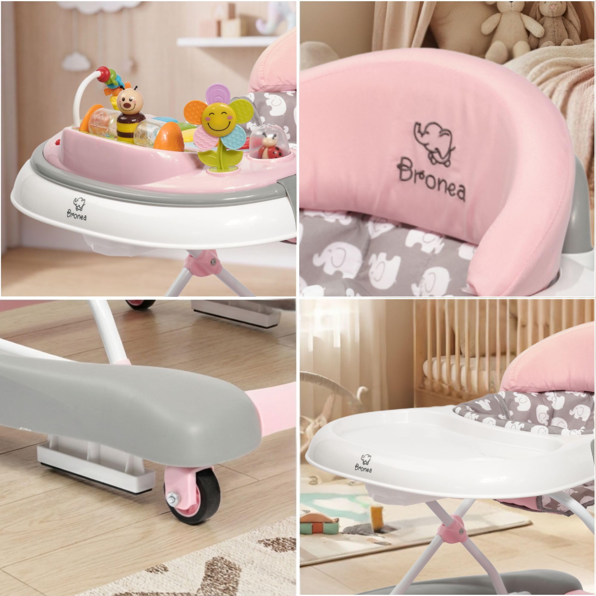 4-in-1 Gehfrei Babywalker ab 6 Monate | Lauflernwagen mit Schaukelfunktion und Spielpaneel mit Musik | Höhenverstellbare und Klappbar | Lauflernhilfe mit leisen Rollen und Bremsen