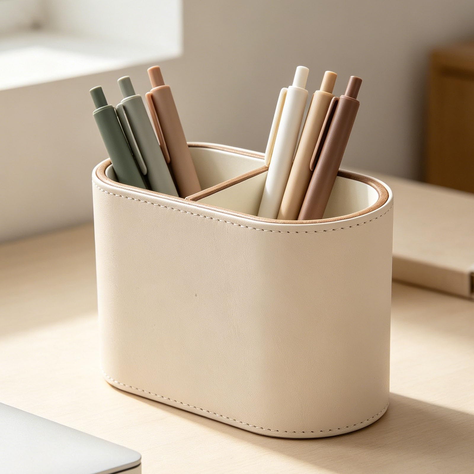 Portalápices con 2 compartimentos - Soporte para bolígrafos de cuero sintético - Organizador de escritorio para mandos a distancia, brochas de maquillaje, material de oficina, dormitorio