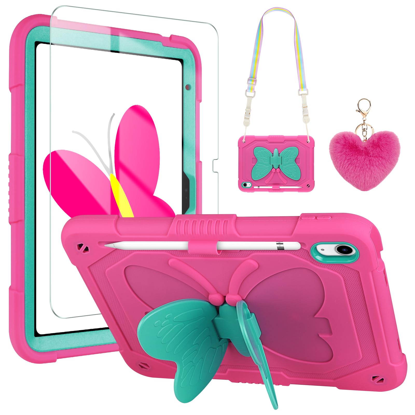 WESADN for iPad 10th Generation Case 2022 for Kids Girls with Screen Protector/Butterfly Kickstand/Lanyard/Keychain/Pencil Holder Shockproof Rugged