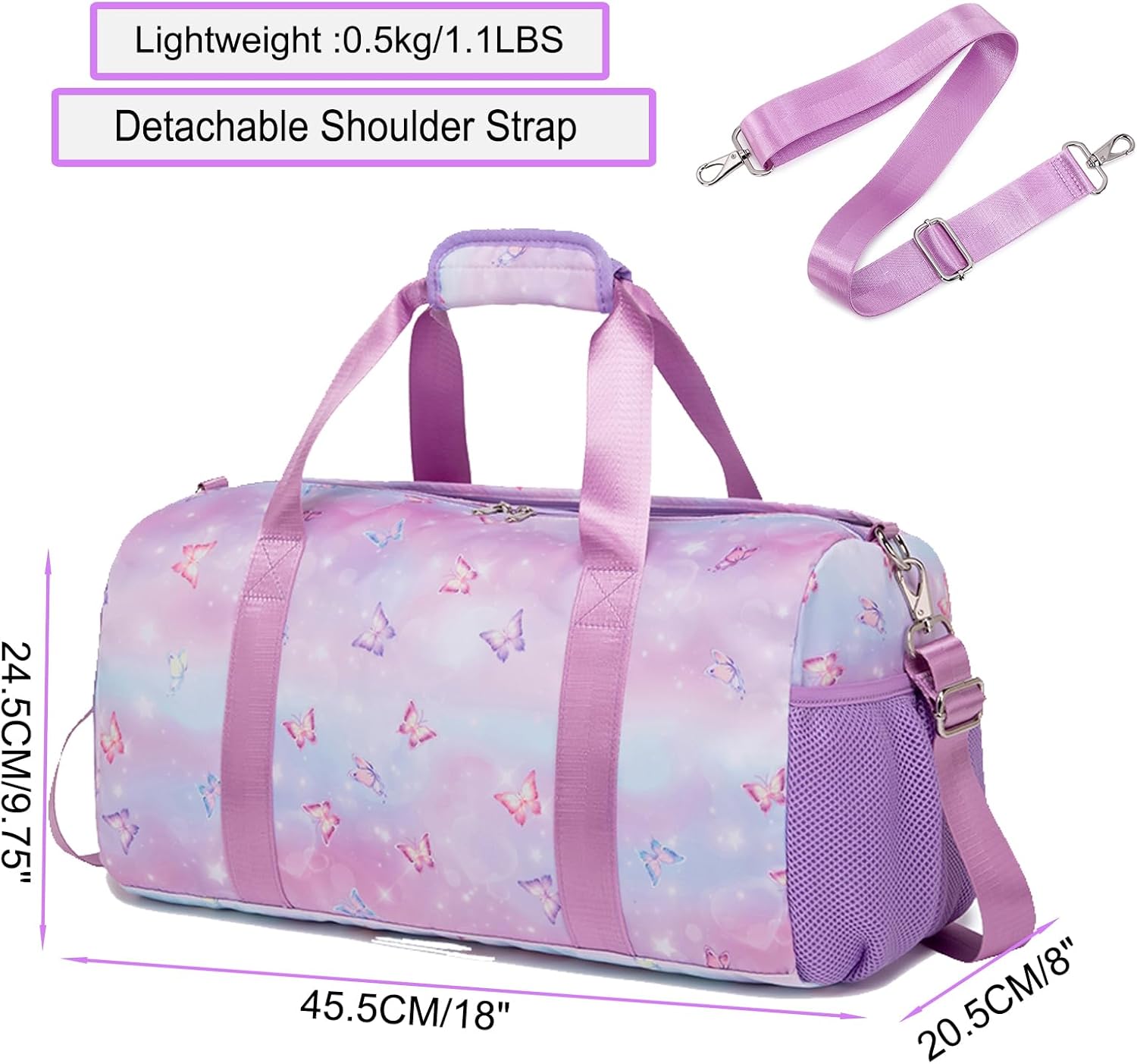 Butterfly Dance Bag for Girls,Gym Travel Duffle Bag Gymnastics Sports Dance Bag with Shoe Compartment - Image 3