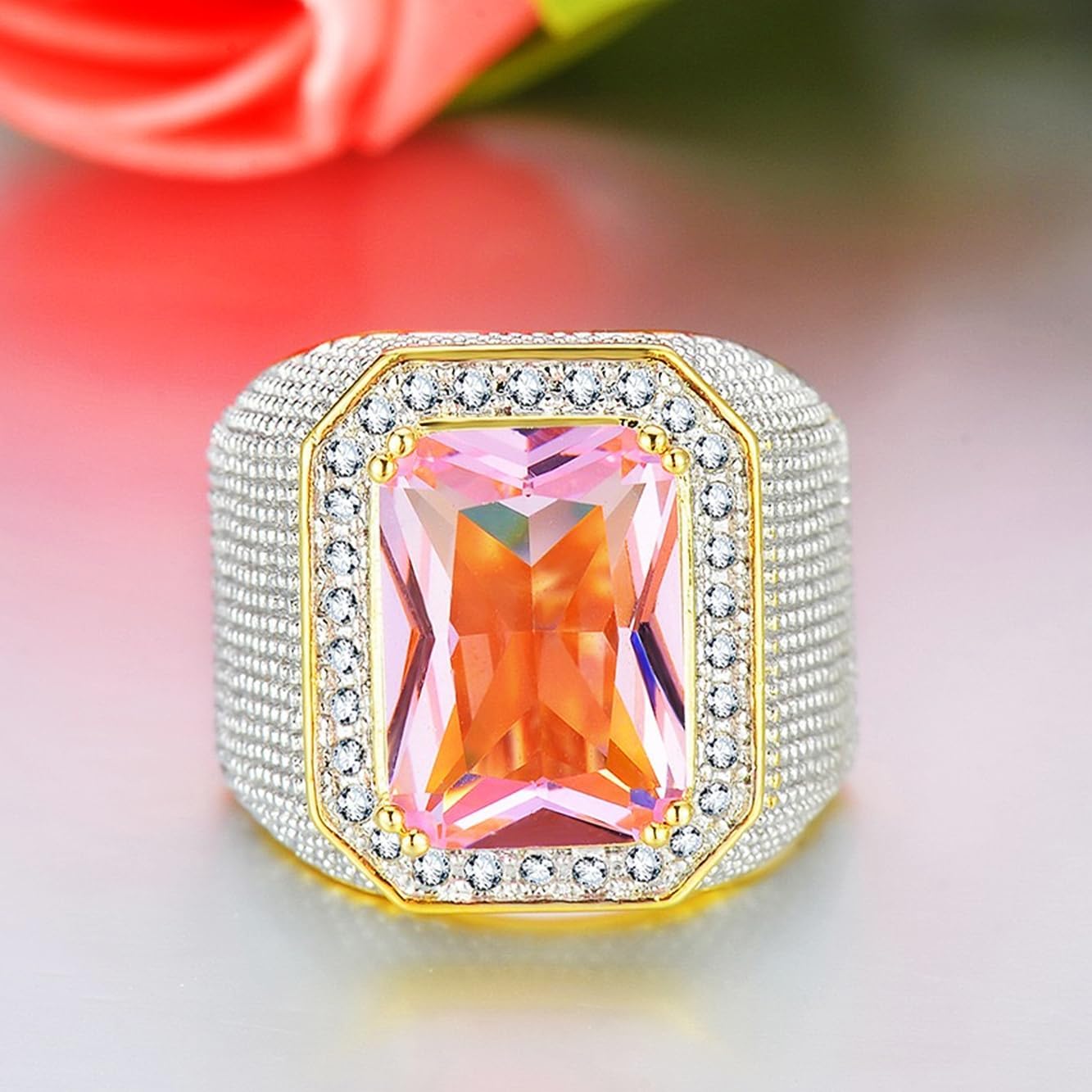 ICED OUT Big Pink gemstone Rings for Men Hip Hop Square ring for women cocktail party Music Festival rings Jewelry Rings for Men rings for Heavy Metal rings Party image 3