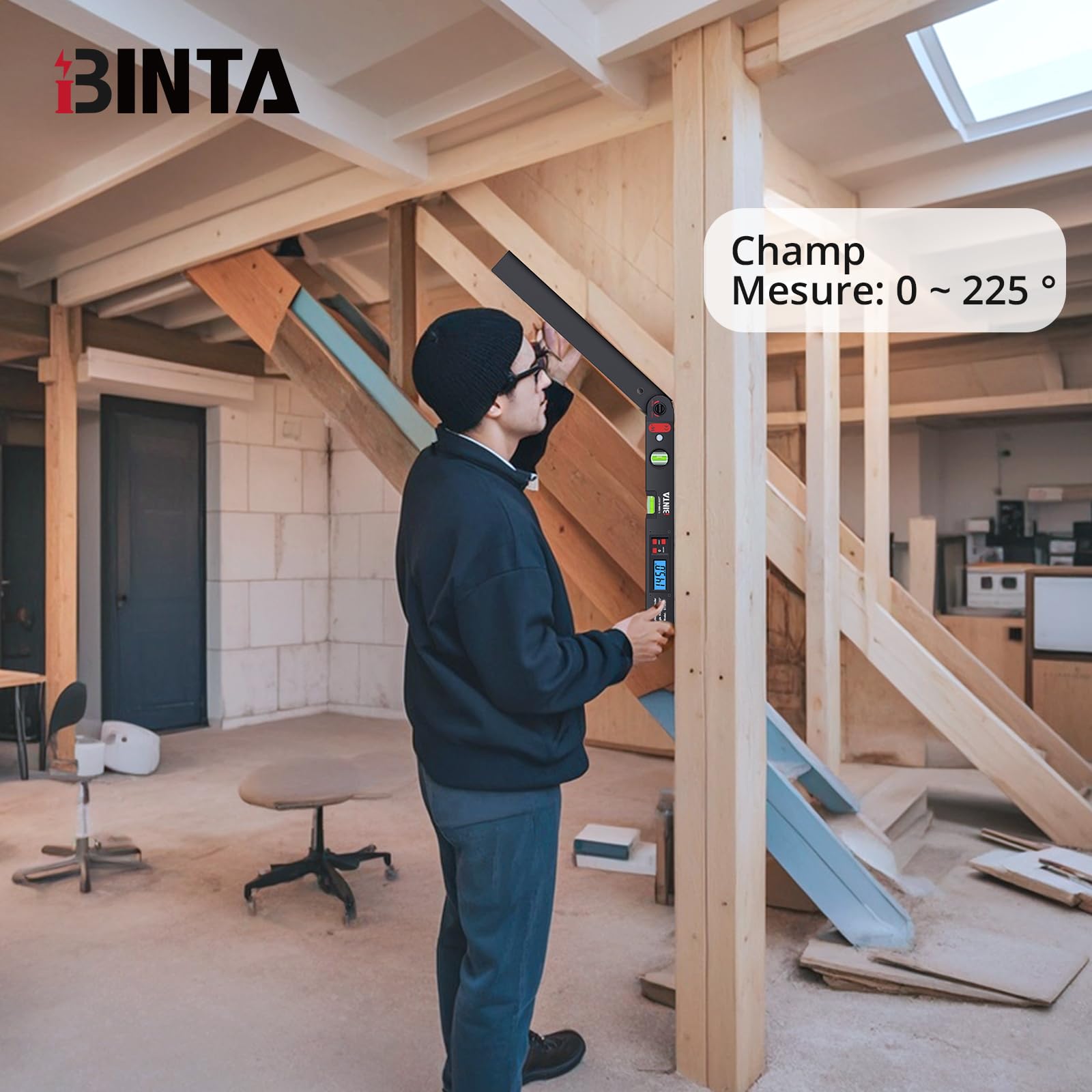 BINTA Détecteur d'Angle Numérique 0-225° avec Écran LCD Rétroéclairé, Outil en Aluminium avec Niveau à Bulles Horizontal/Vertical, Sac de Rangement, pour Menuiserie, Machines, Construction DIY Noir