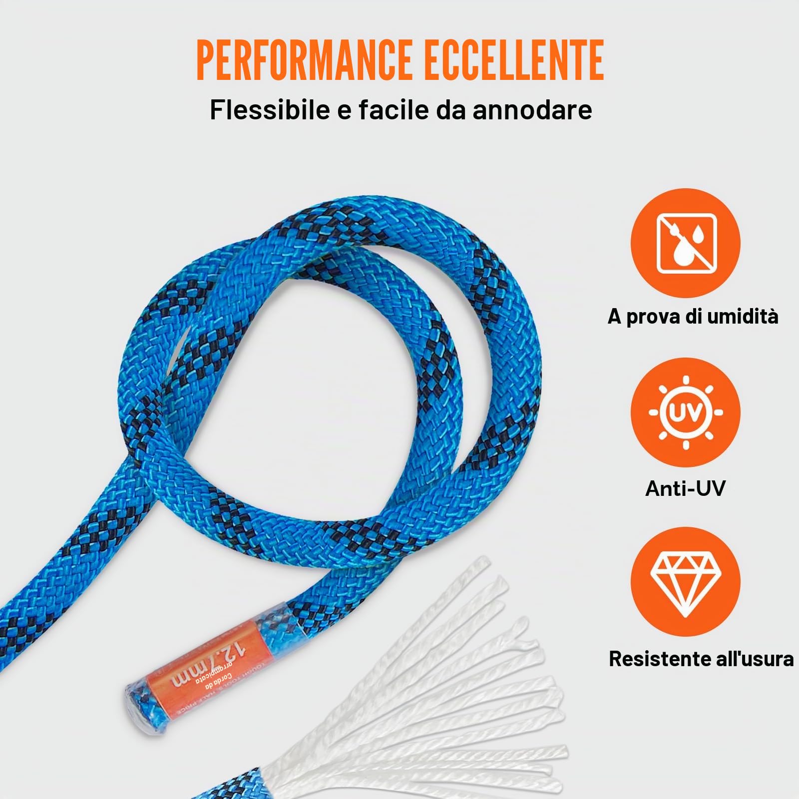VEVOR Corda Statica da Arrampicata 12,7 mm, Corda da Arrampicata all'Aperto 60,9 m, Tensione alla Rottura 30 Kn, Cordo in Fibra con Moschettone in Acciaio per Fuga, Discesa in Cordo Doppia Blu