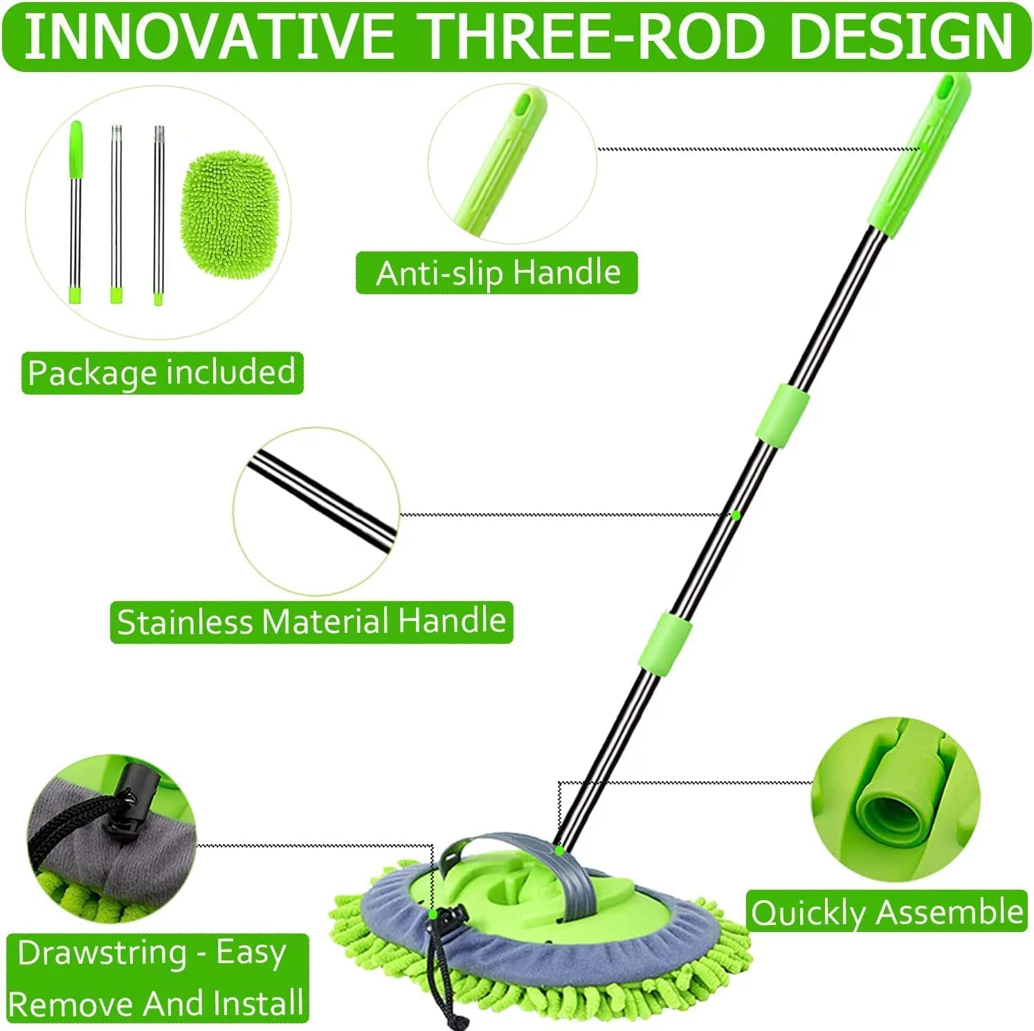 BESTOTTAM 2 in 1 Chenille Microfiber Car Wash Mop Mitt with 46" Aluminum Alloy Long Handle,Car Cleaning Kit Brush Duster,Scratch Free Cleaning Tool Dust Collector Supplies, 2Pcs Mop Head(Green) 3