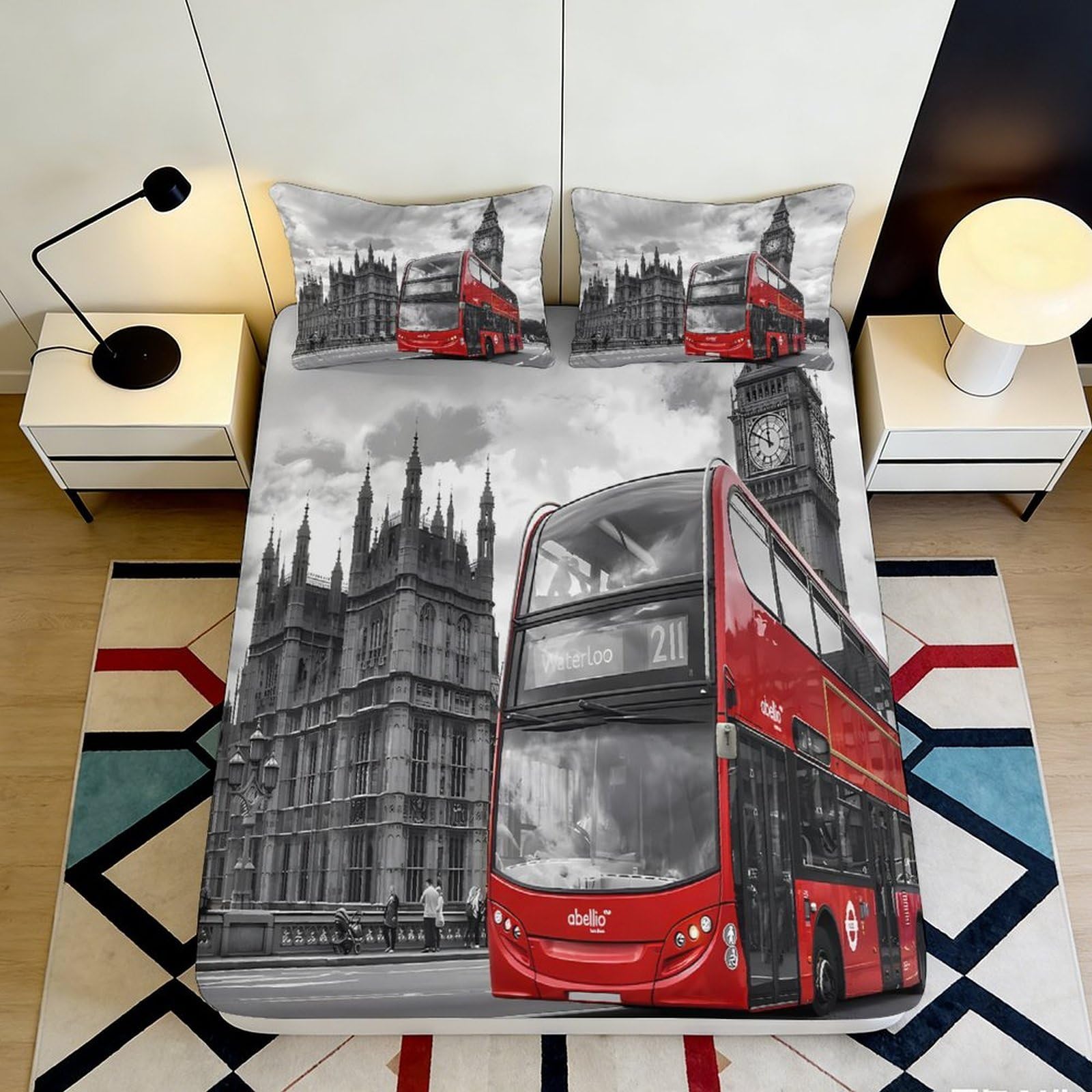 3D Printed London Bus Fitted Sheet Microfiber Urban Red Black Bed Cover for Bedroom Guest Room Mattress Protection Decor 90x200x25cm