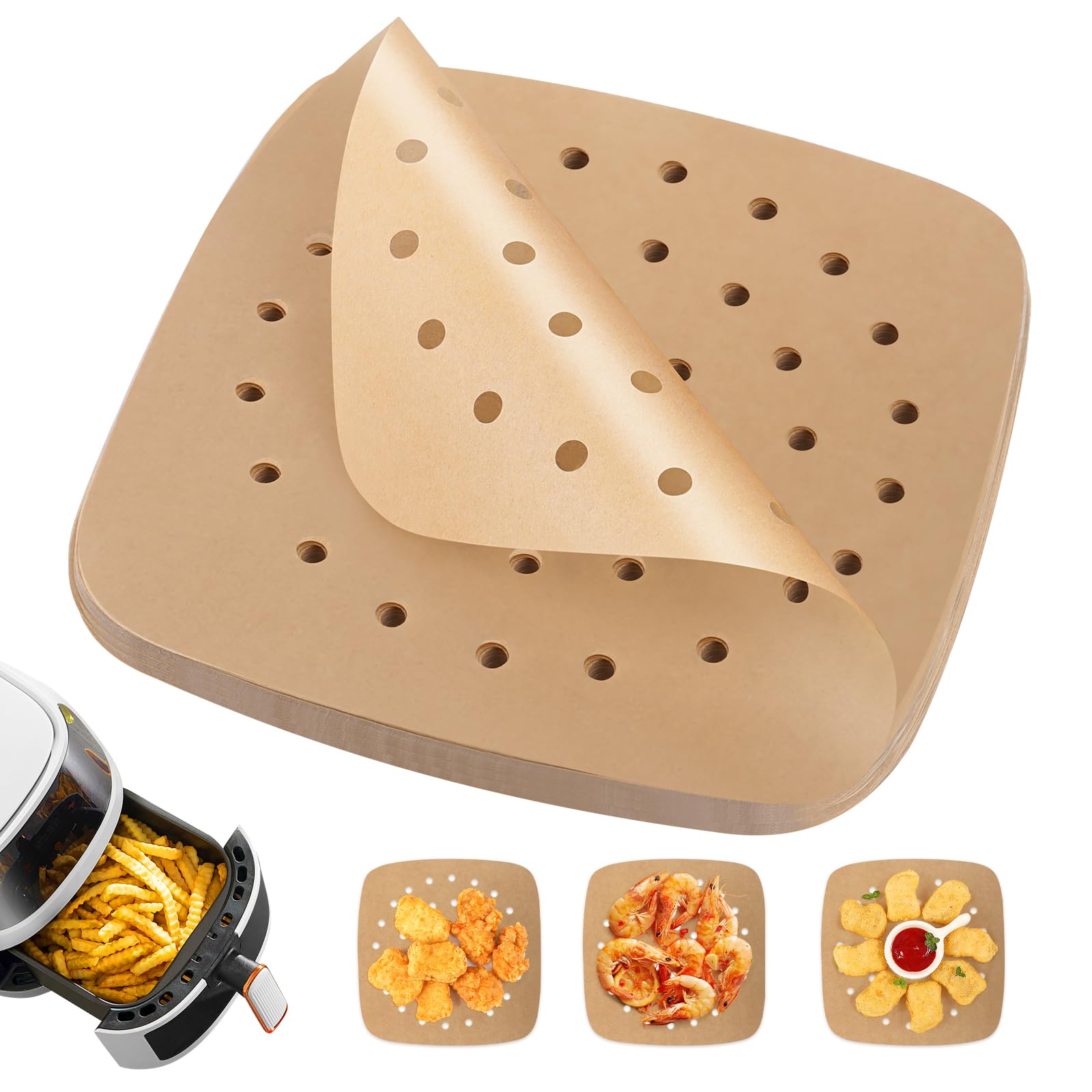100 Piezas Papel de Pergamino para Freidora de Aire，Papel Horno Freidora Aire，papel air fryer cuadrado，para freír, hornear, cocinar, asar a la parrilla y a prueba de aceite，accesorios airfryer-7.5