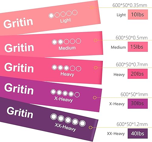 Miniatura 6 de Gritin Juego de 5 bandas elásticas de resistencia para ejercicio con guía de instrucciones y bolsa de transporte, para entrenamiento, ejercicio,