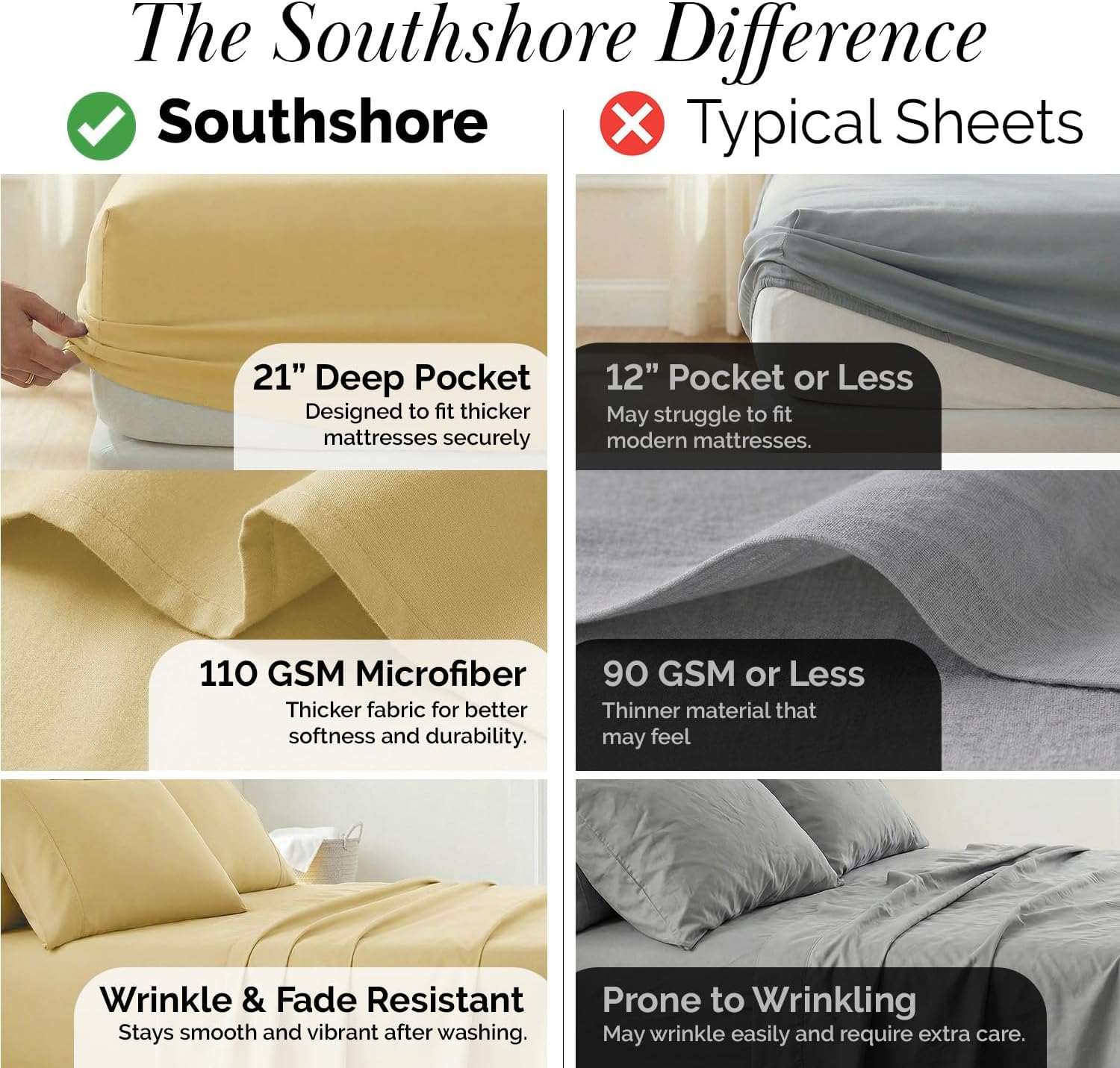 Southshore Fine Living, Inc. 21-Inch Extra Deep Pocket Queen Sheets, 6-Piece, Microfiber Sheet Set Queen Size, Oversized Flat, Deep Pocket Fitted, Muted Gold Pillowcases, Muted Gold Sheets