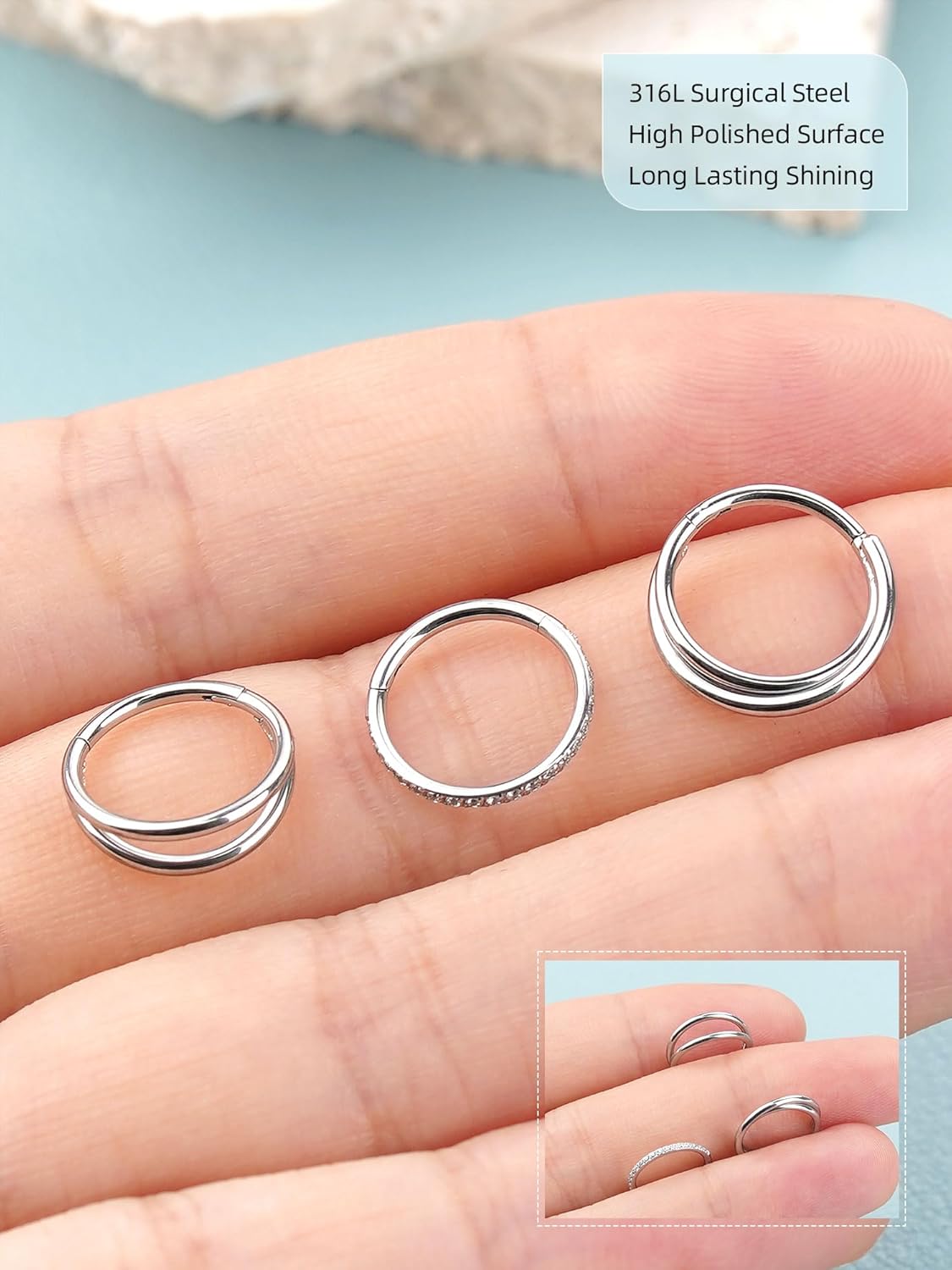 3PCS Nose Rings Hoops 316L Surgical Steel Double Hoop Nose Rings Hinged Septum Ring Cartilage Helix Rook Tragus Daith Earring Hoops 7mm 8mm 9mm - Image 4