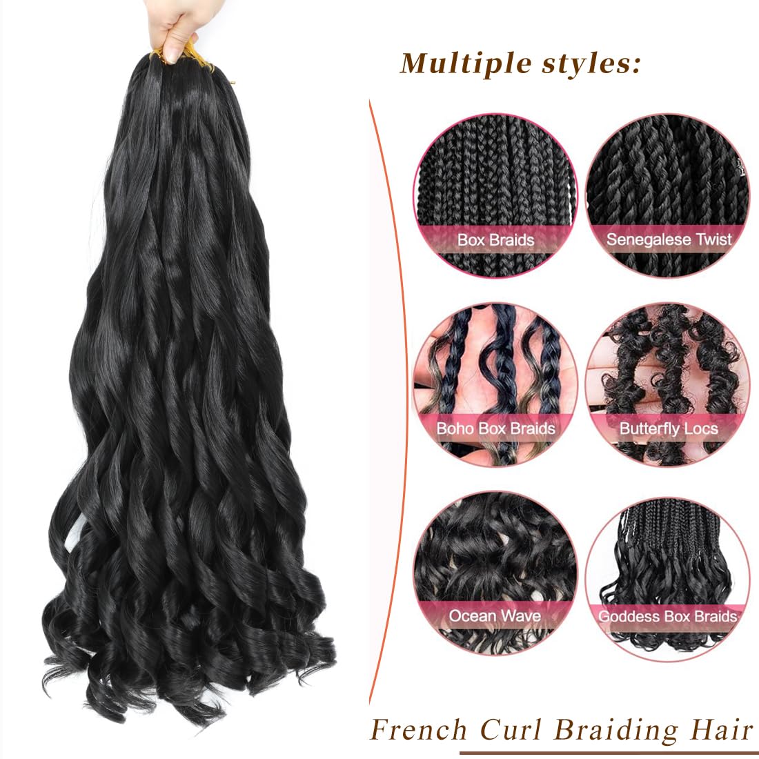 French Curl Braiding Hair 24 Inch 8 Packs Curly Braiding Pre Stretched French Curls Braiding Extension Curl Crochet Braids Spiral Braiding Extensions (1B# - Image 2