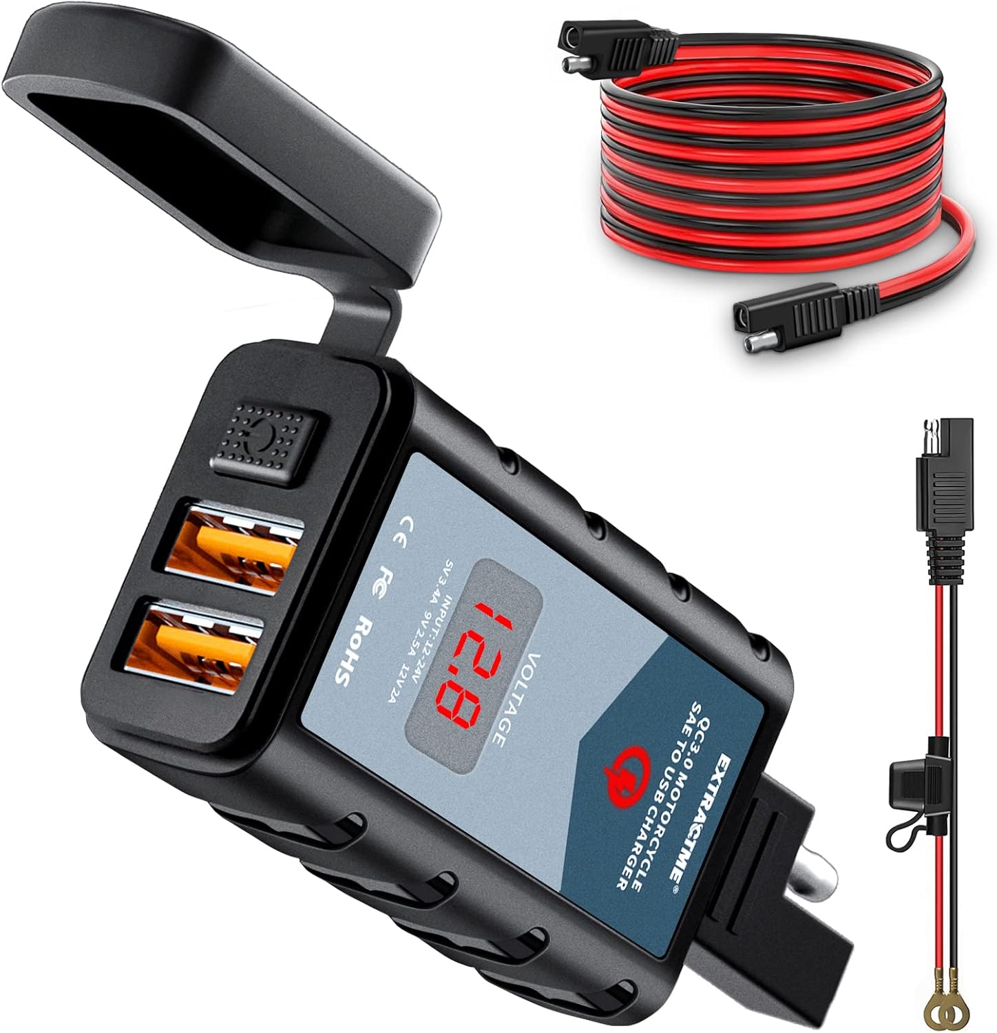 Extractme 6.8A Motorcycle USB Charger, Quick Charge 3.0 Dual USB Motorcycle Phone Charger with Voltmeter & ON/Off Switch, Waterproof Motorcycle Accessories SAE to USB Adapter : Automotive