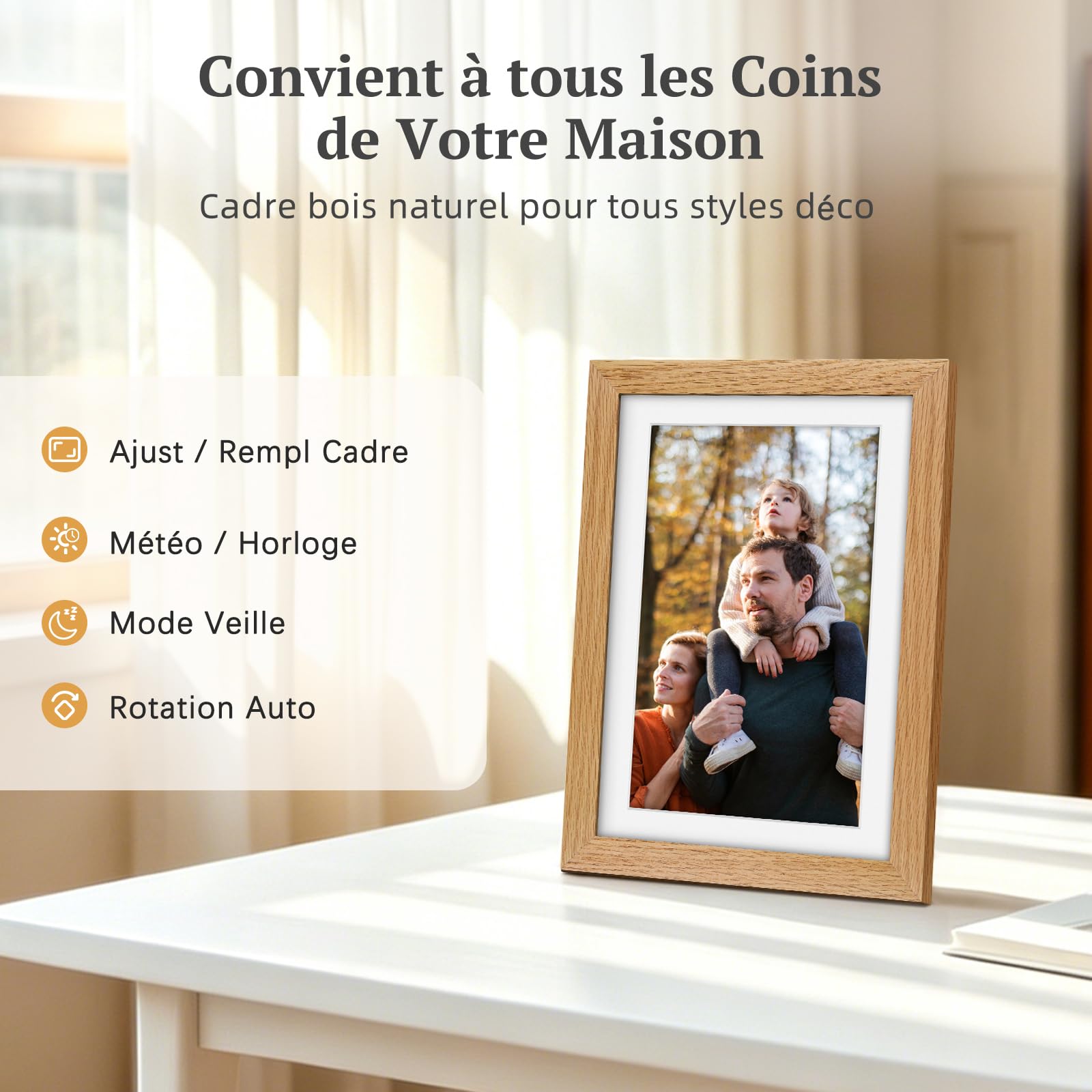 Cadre Photo Numérique Bois WiFi 10.1 Pouces, Mémoire 32 Go, écran Tactile IPS 1280 * 800 HD, Auto-Rotation, Montage Mural, Partage de Photos Vidéos Via Frameo APP, Cadeau Femme Homme, Bois de Chêne