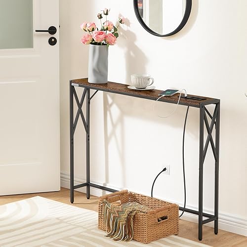 Miniatura 2 de Mesa de sofá estrecha de 39.4 pulgadas con estación de carga, mesa consola delgada, mesa estrecha de entradapasillosofá, para entrada, vestíbulo,