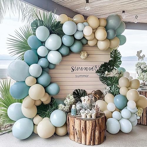 Miniatura 9 de Guirnalda de globos de arena blanca y azul polvoriento, doble relleno, color azul claro, crema, beige, mate, kit de arco de globos con látex dorado