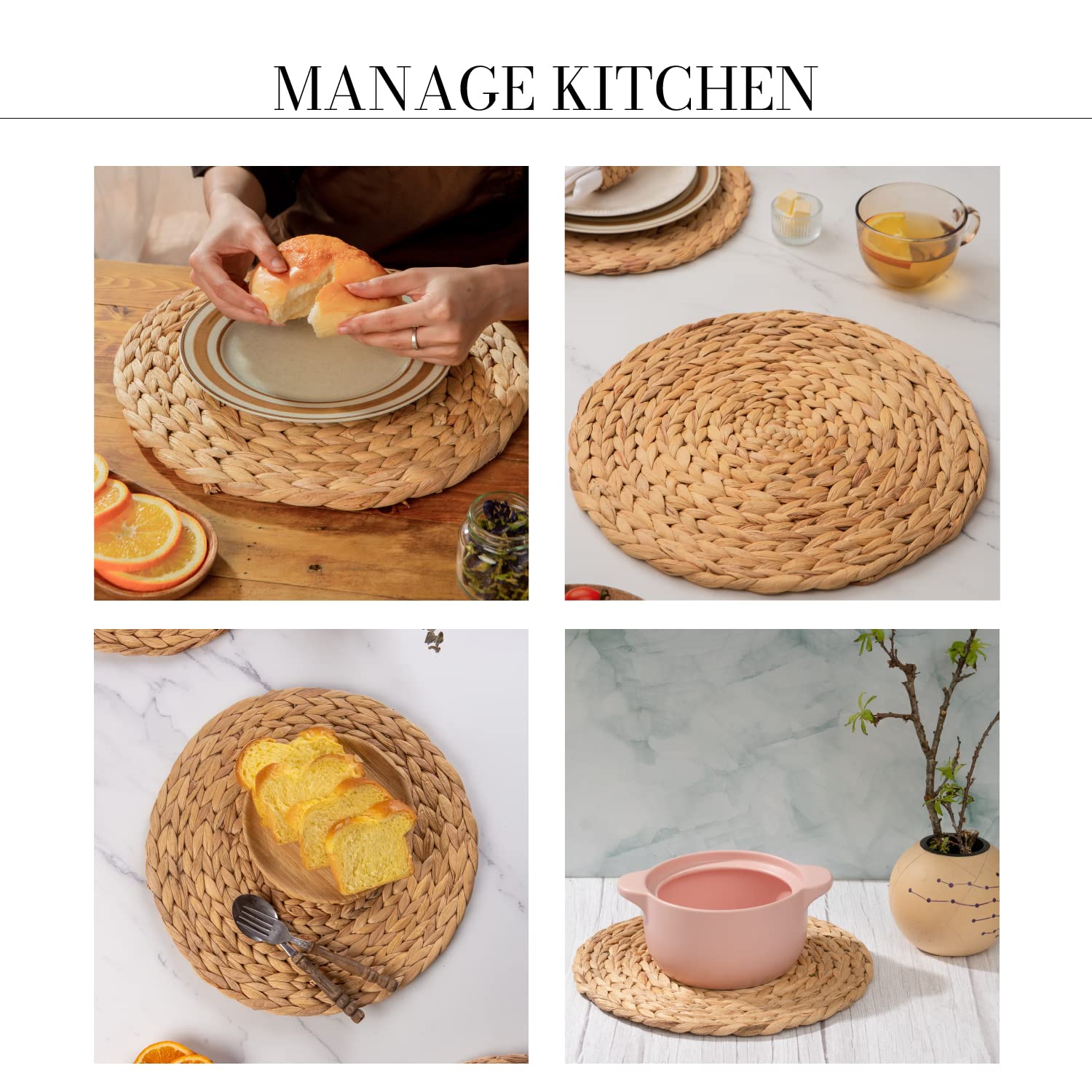 35,1 cm Set aus 6 runden Wasserhyazinth-Tischsets, Boho, gewebt, Rattan, Bauernhaus, Weide, Federplatte, Ladegeräte, Wasserhyazinthe, Seegras für Hochzeit, Party, Weihnachten, Veranstaltungen