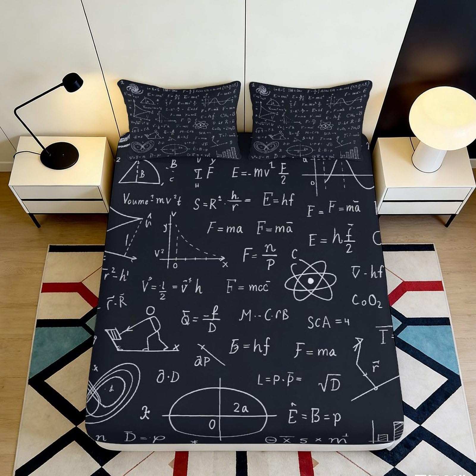 3D Printed Mathematical Formula Fitted Sheet Microfiber Soft Black Science Equation Mattress Cover for Bedroom Dorm 90x200x25cm