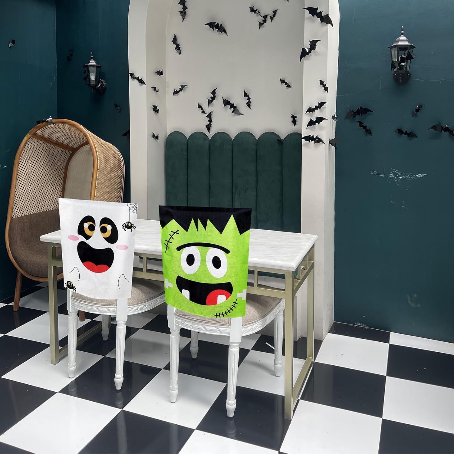 Whaline 4 Pack Halloween Chair Covers Spooky Chair Back Covers Cute Cartoon Halloween Characters Dining Room Seat Covers Removable Washable Chair Slipcovers for Halloween Party Home Kitchen Decor