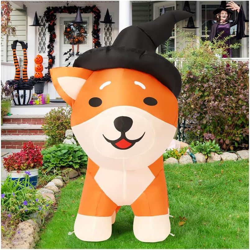 COMIN 4 FT Halloween Inflatables Dog Outdoor Decorations Blow Up Yard Wizard Shiba Inu Dog with Built-in LEDs for Indoor Party Garden Lawn Decor