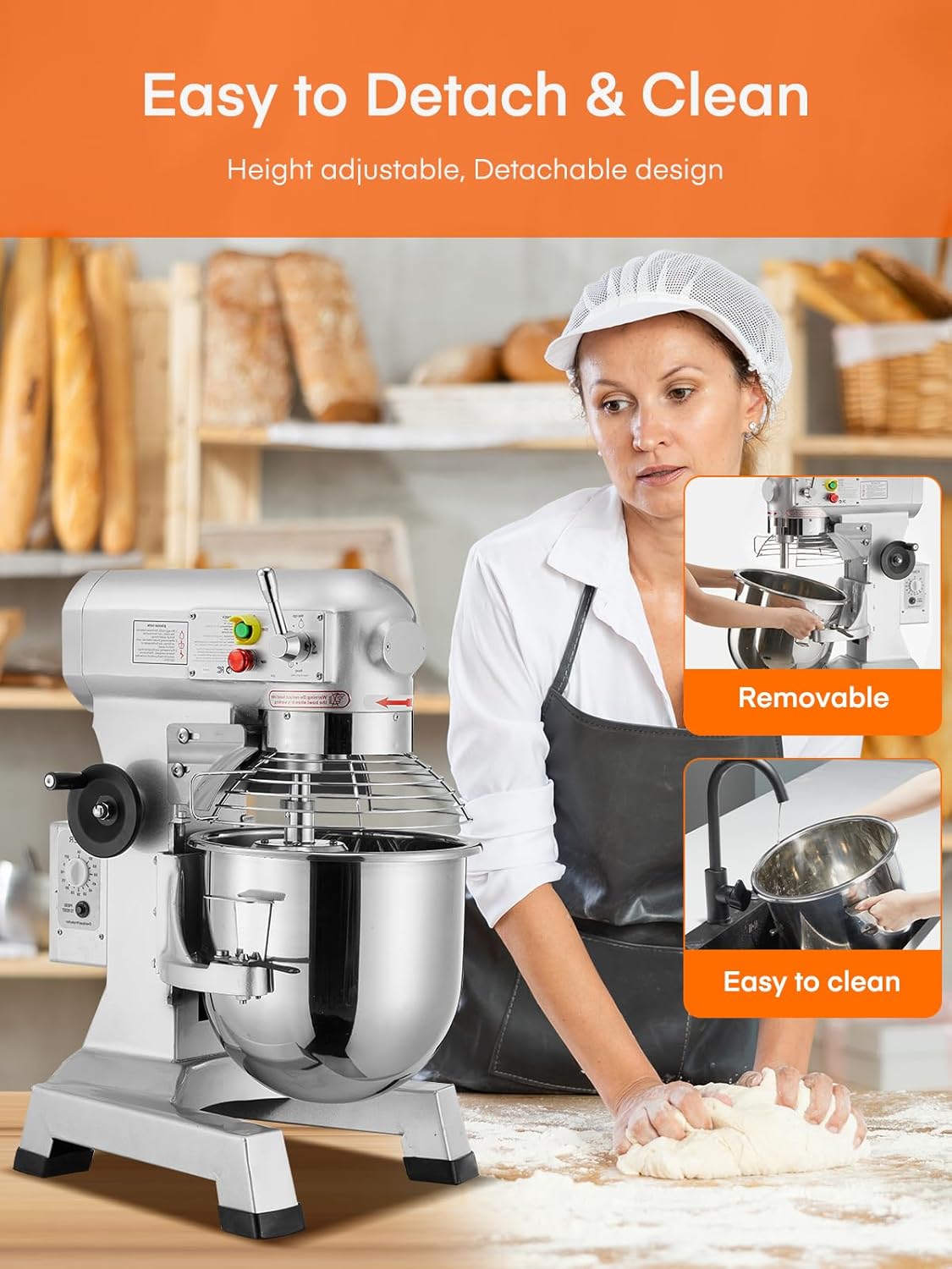 FOHERE 15QT Commercial Food Mixer showing easy to detach and clean features