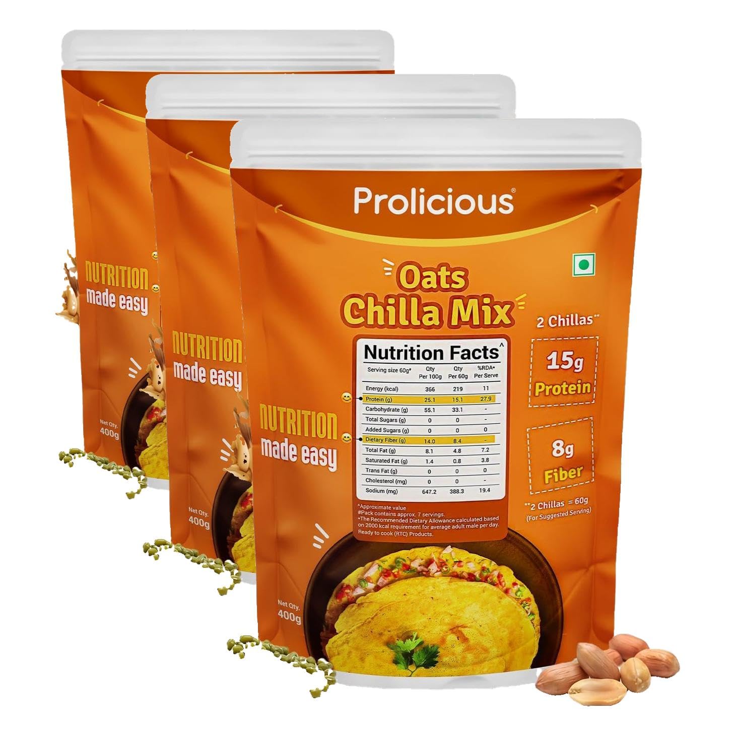 Prolicious High Protein High Fiber Oats Chilla Mix | Plant based | Nutritious | No Palm Oil | No Trans-Fat | Ready to Cook | 400g Pack (Pack of 3)-picture-13